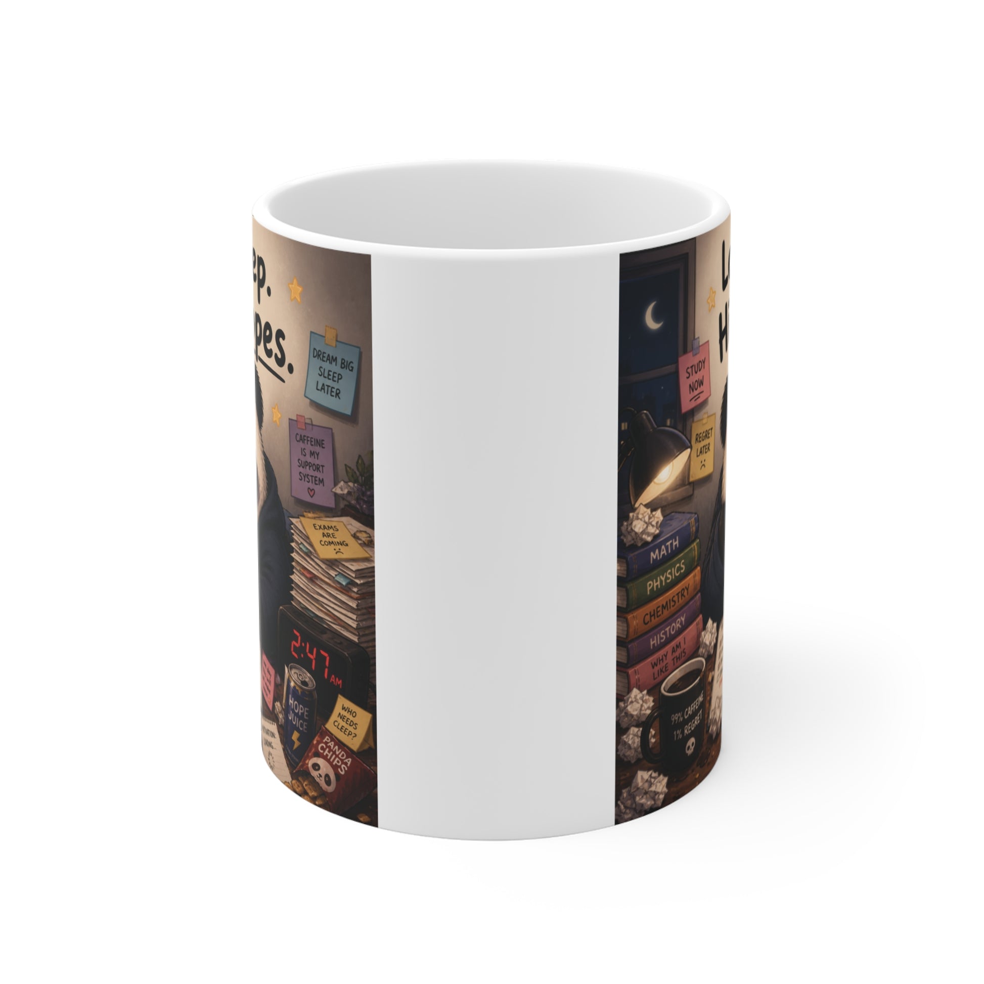 Funny sleepy panda coffee mug for students surrounded by books and study notes