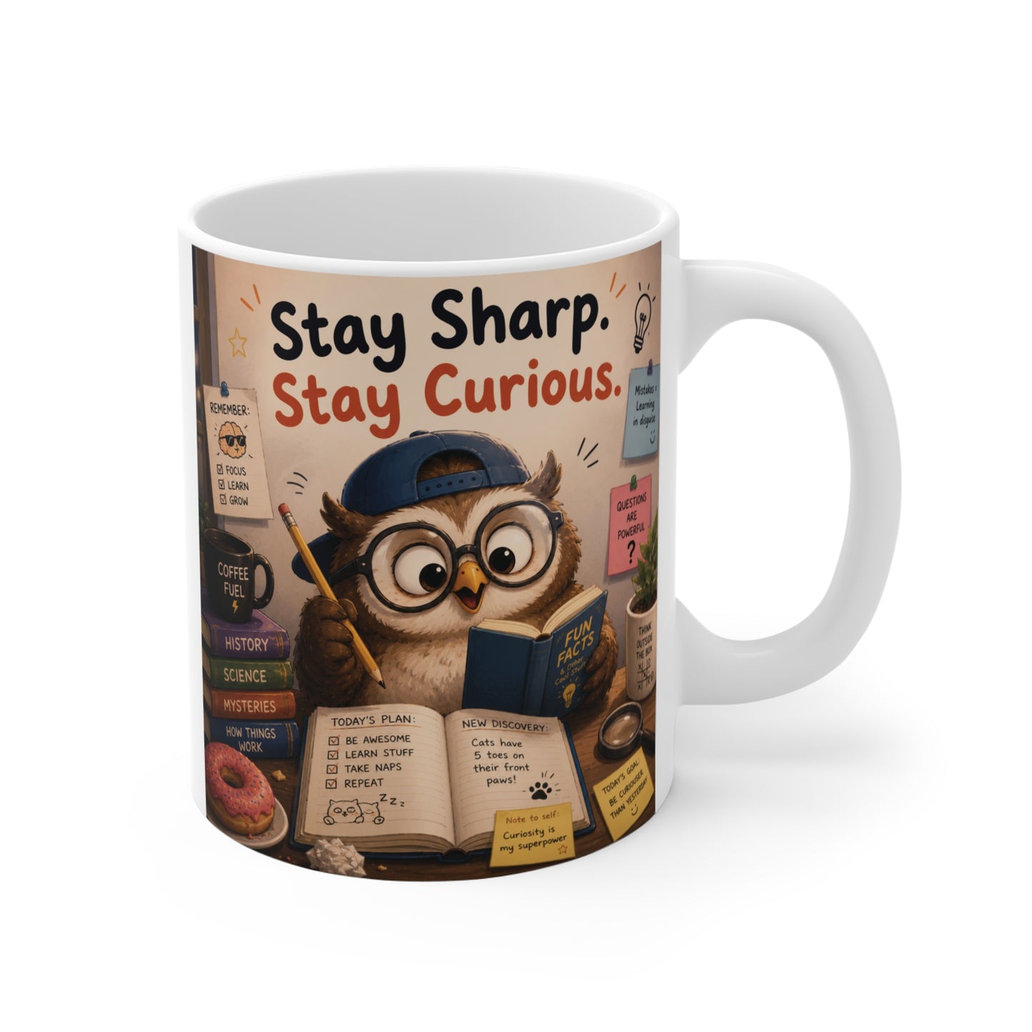 Cute owl reading books on Stay Sharp Stay Curious 11oz ceramic coffee mug