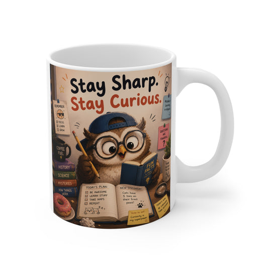 Cute owl reading books on Stay Sharp Stay Curious 11oz ceramic coffee mug