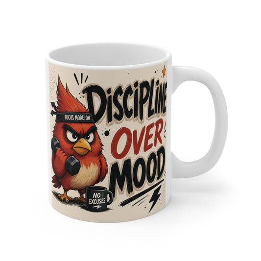 Discipline Over Mood 11oz ceramic coffee mug with angry bird motivational design for productivity and success mindset