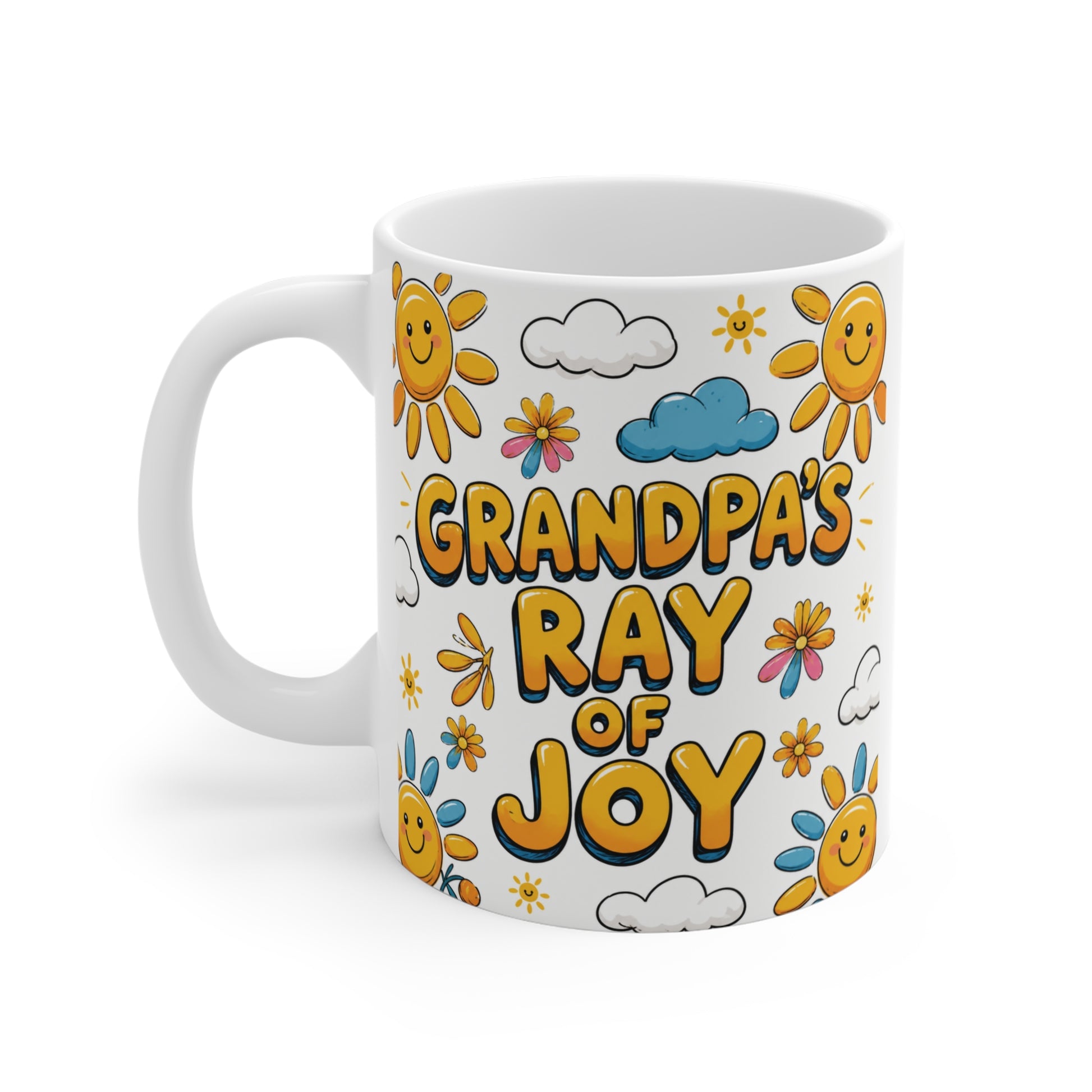 White ceramic mug with bright yellow smiling suns, clouds, flowers, and Grandpa's Ray of Joy lettering designed for grandfathers and coffee lovers.