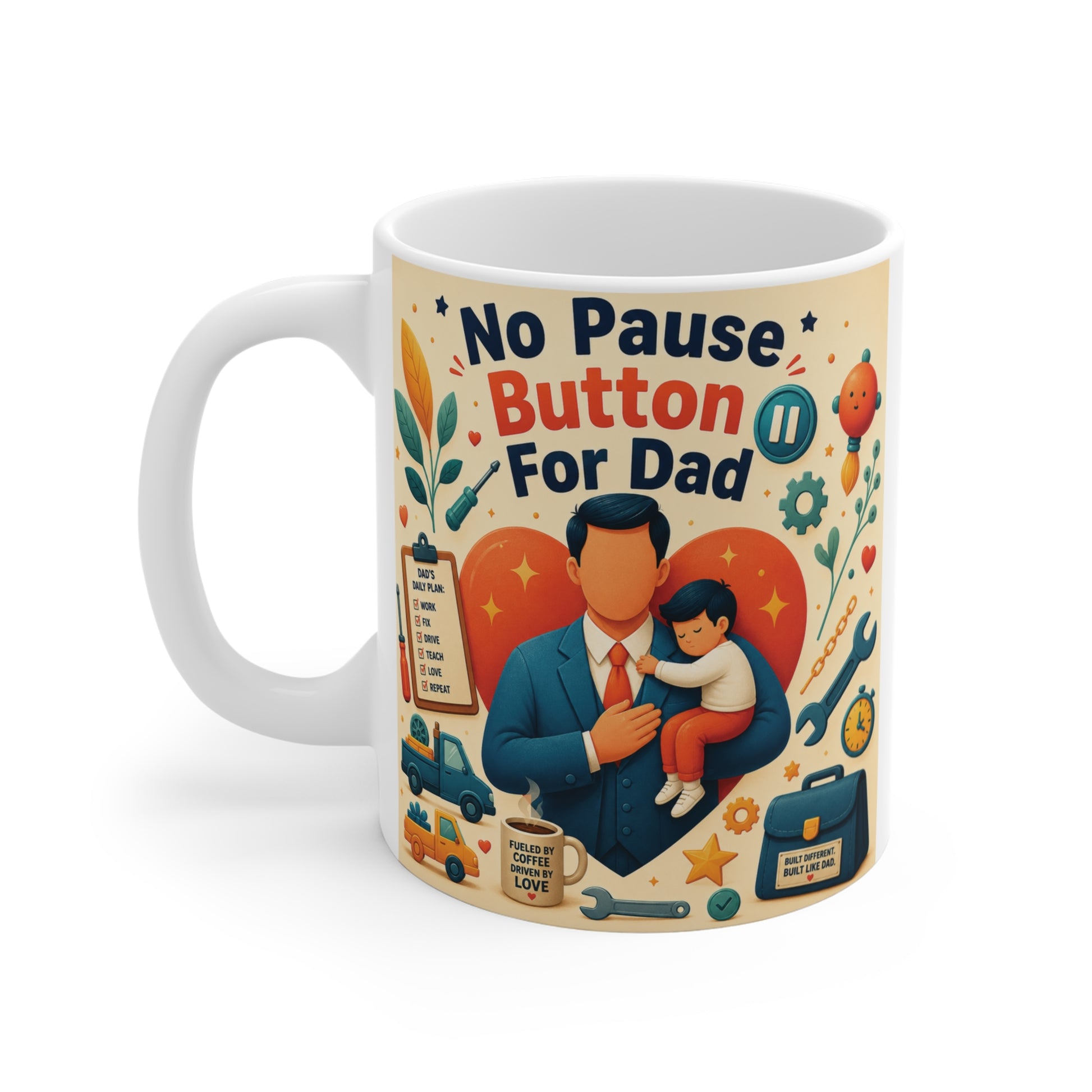 Funny dad life coffee mug featuring colorful Father’s Day illustration and quote