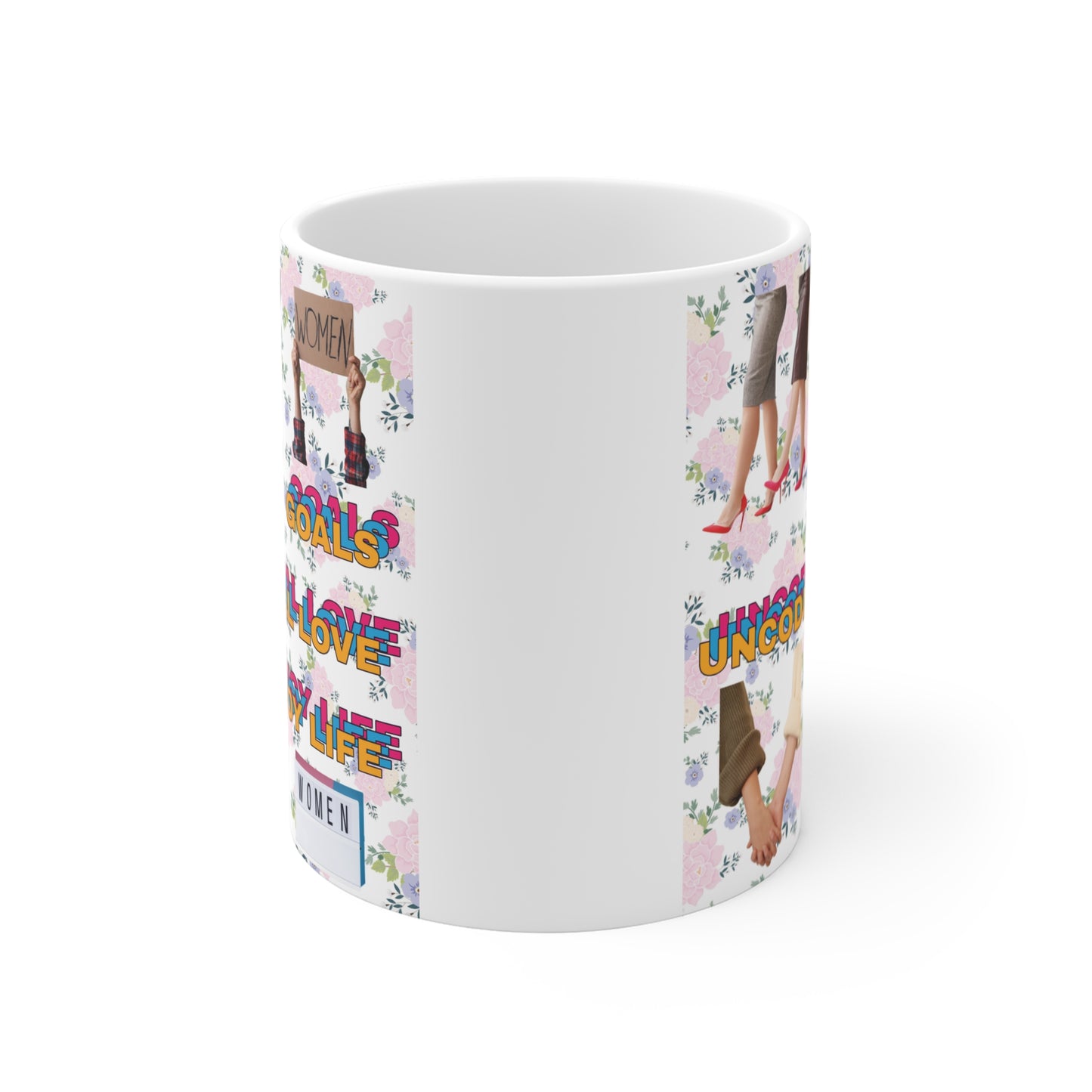 Inspirational women mug with diverse female figures, empowerment slogans and flowers, unique gift for strong women and friends