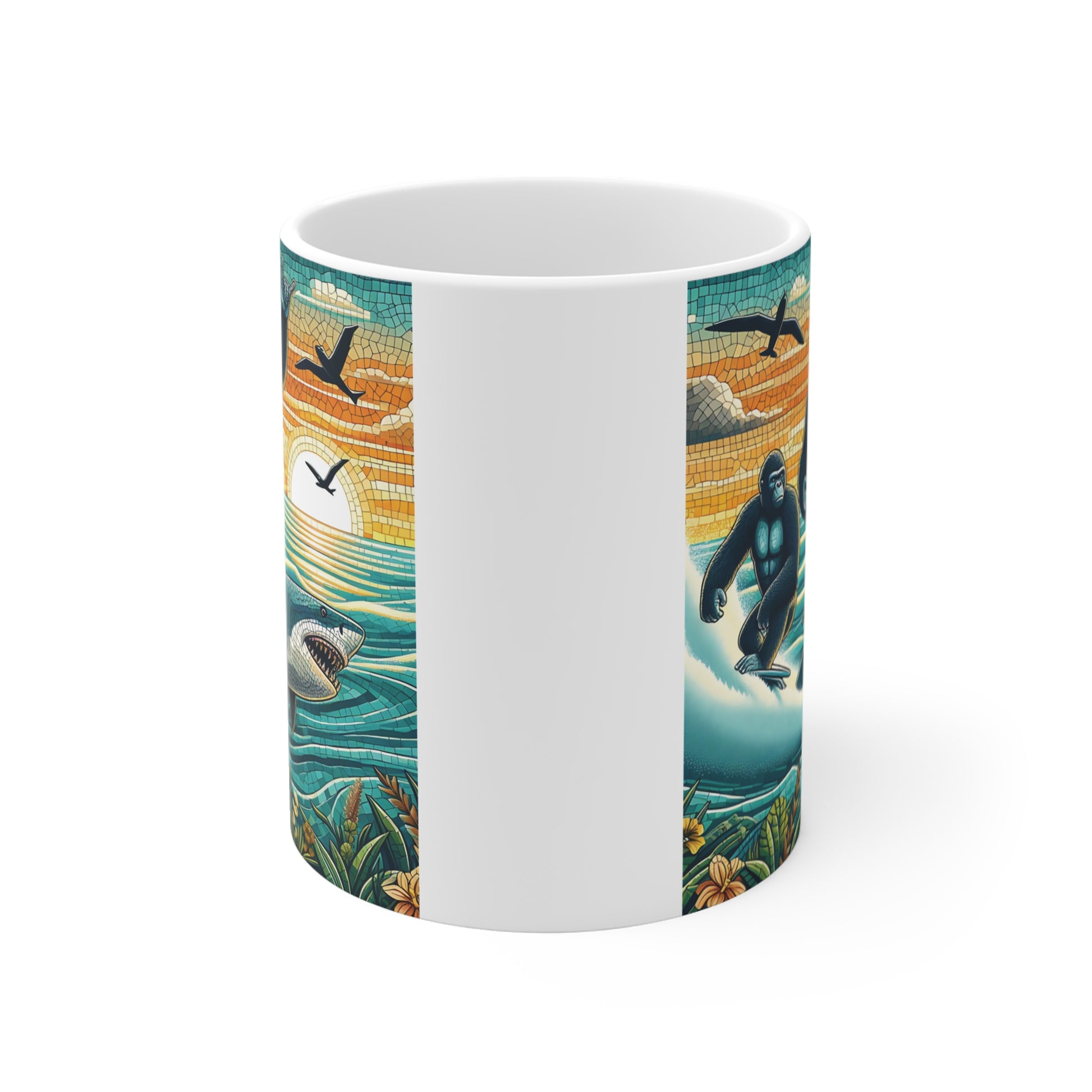 Funny ape riding a shark like a surfboard, colorful sea sunset with birds, unique animal mug illustration