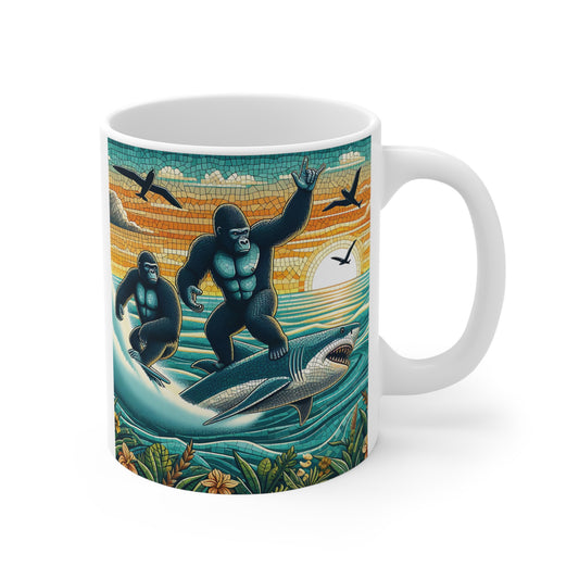Gorilla surfing on shark with ocean waves at sunset, vibrant mosaic art style coffee mug design
