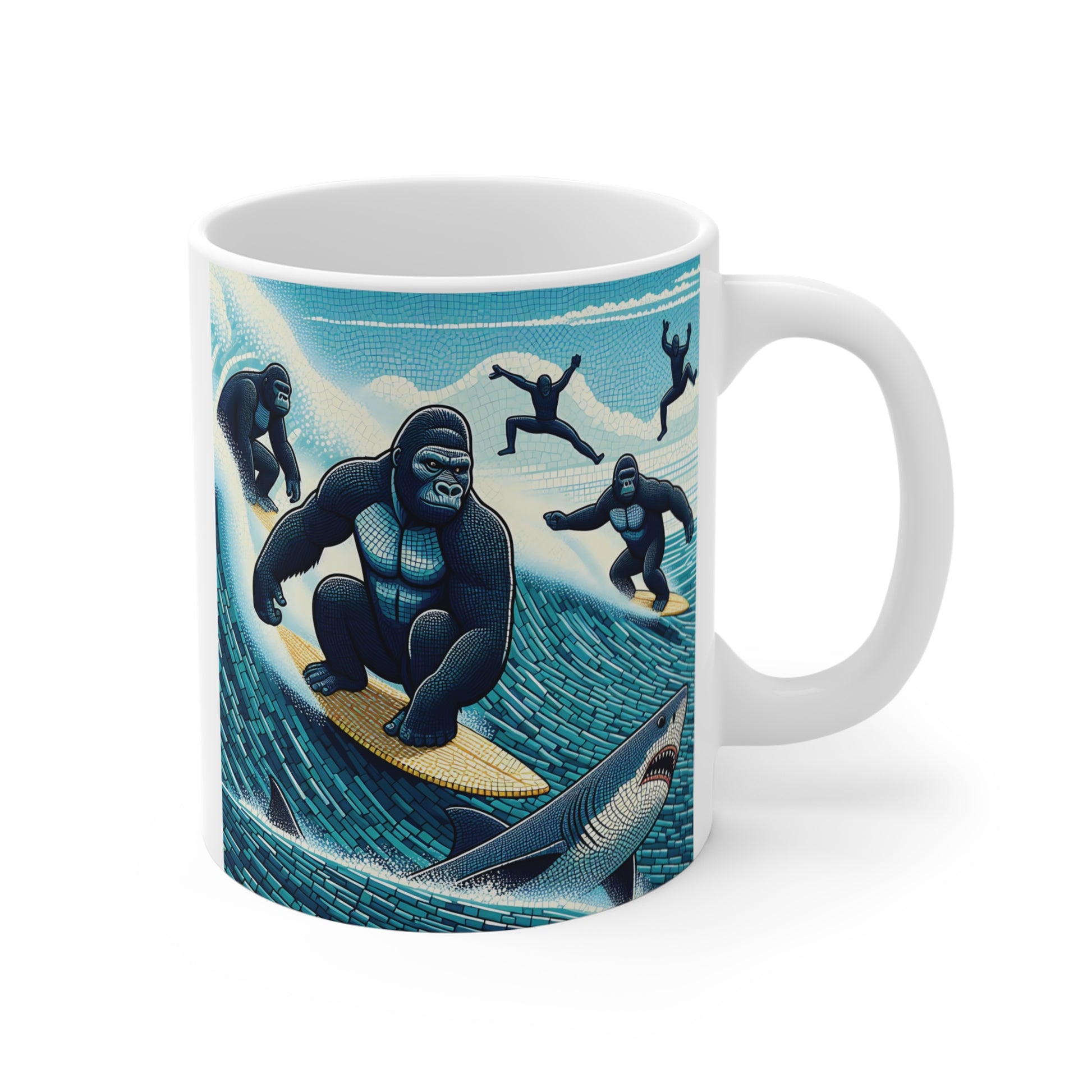 Surfing gorilla coffee mug featuring giant ocean waves, sharks, and mosaic-style tropical artwork for adventure lovers.