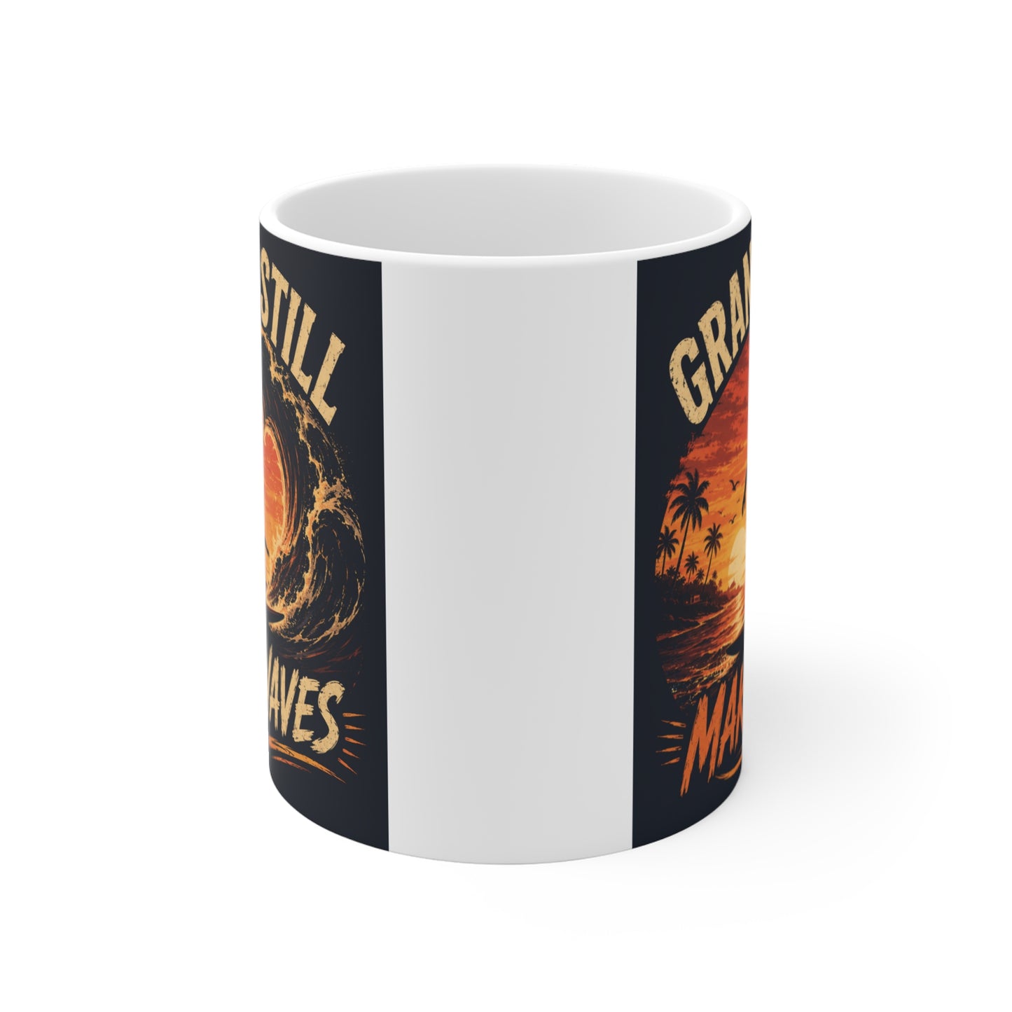 Surfing grandpa mug with vintage sunset wave artwork showing a grandfather and grandchild riding a surfboard together on the ocean.