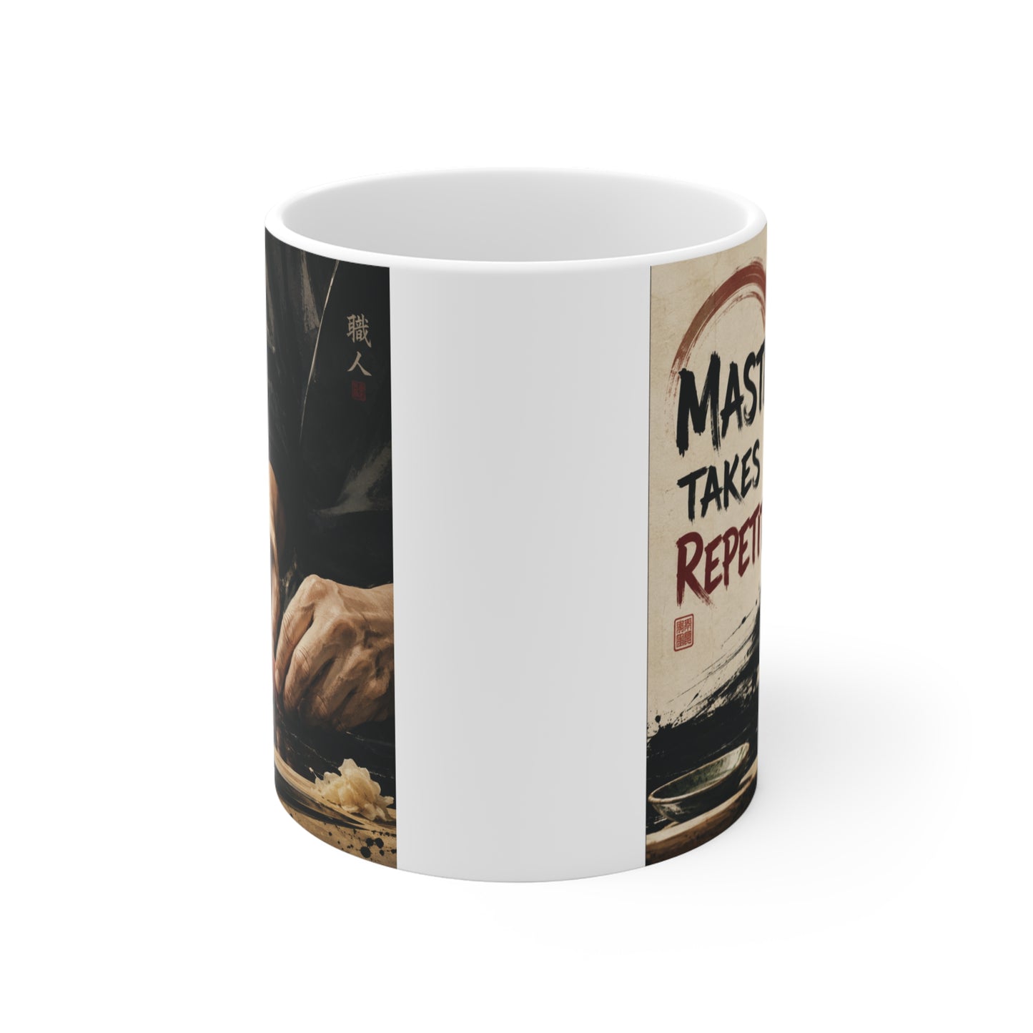Inspirational sushi chef coffee mug showing artisan hands shaping sushi with motivational typography.