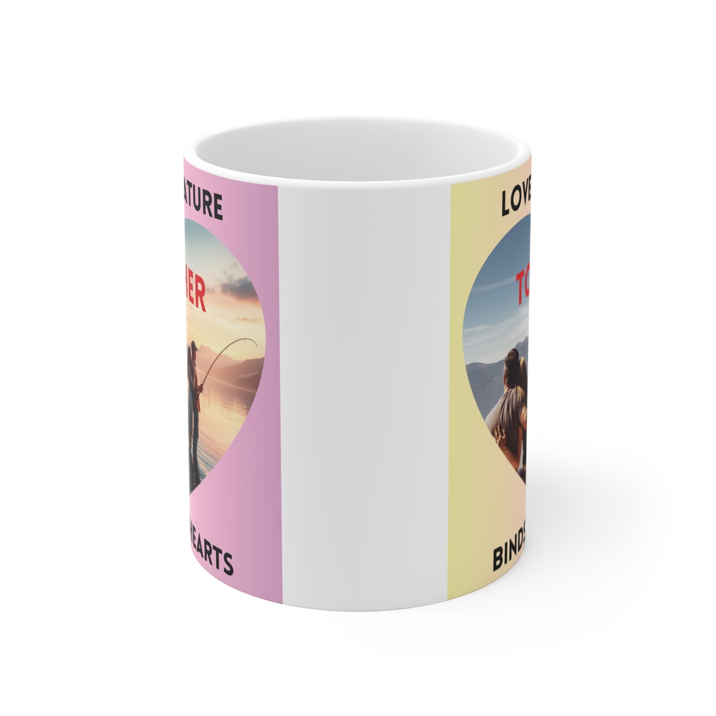 Romantic coffee mug featuring “Love for Nature Together Binds Our Hearts” text with couple by lake
