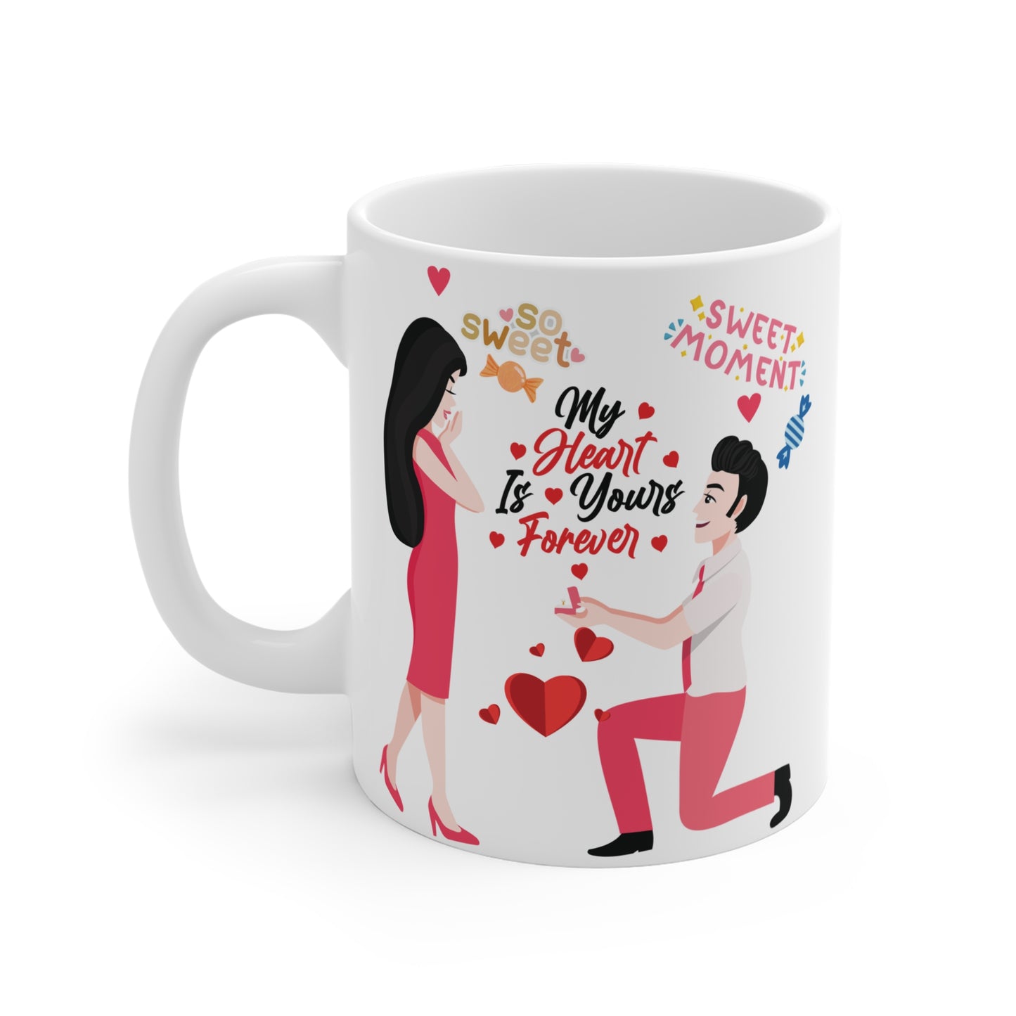 Romantic proposal mug with couple and “My Heart Is Yours Forever” quote, love gift coffee cup