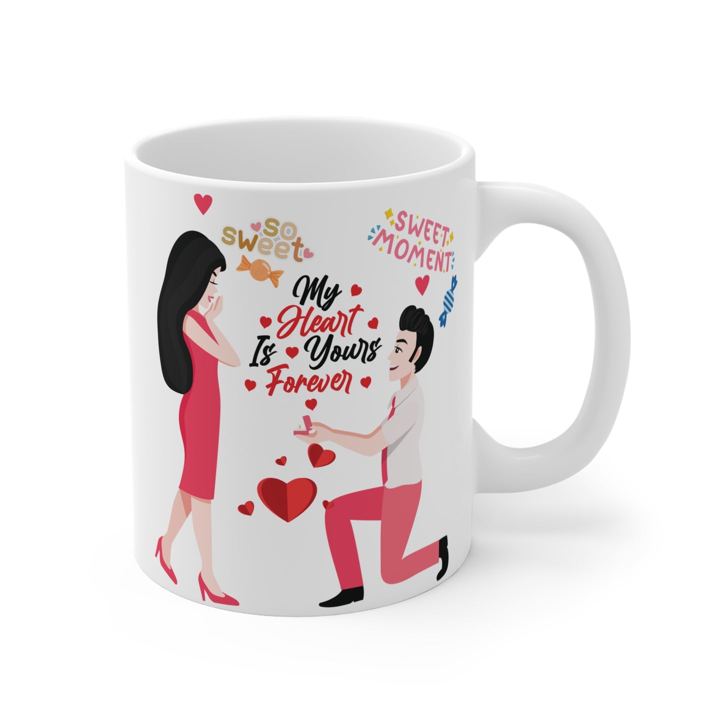 Cute engagement scene mug with man proposing and hearts, sweet moment romantic coffee mug