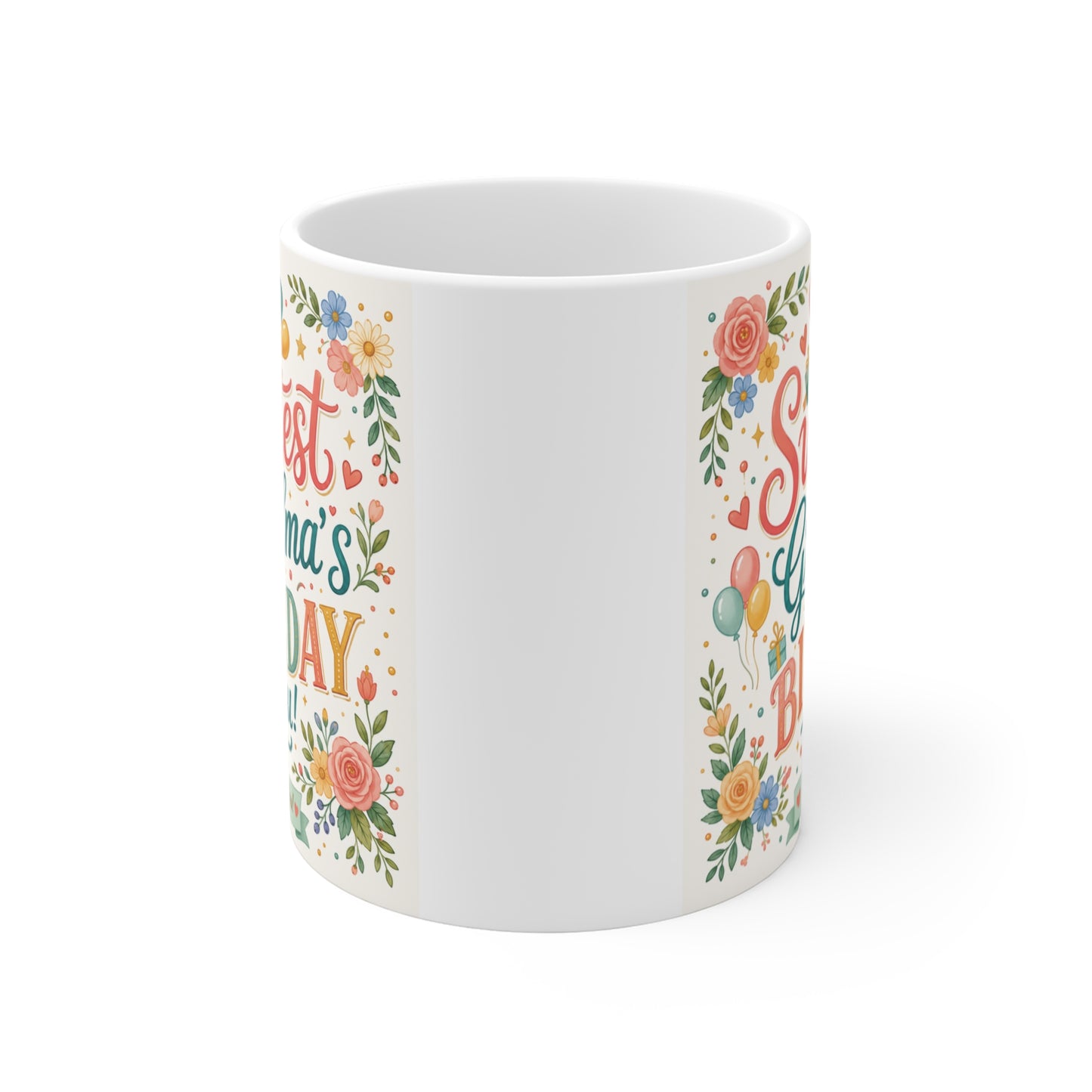 Cute grandma birthday coffee mug featuring pastel flowers, balloons, and birthday cake illustration on white ceramic cup