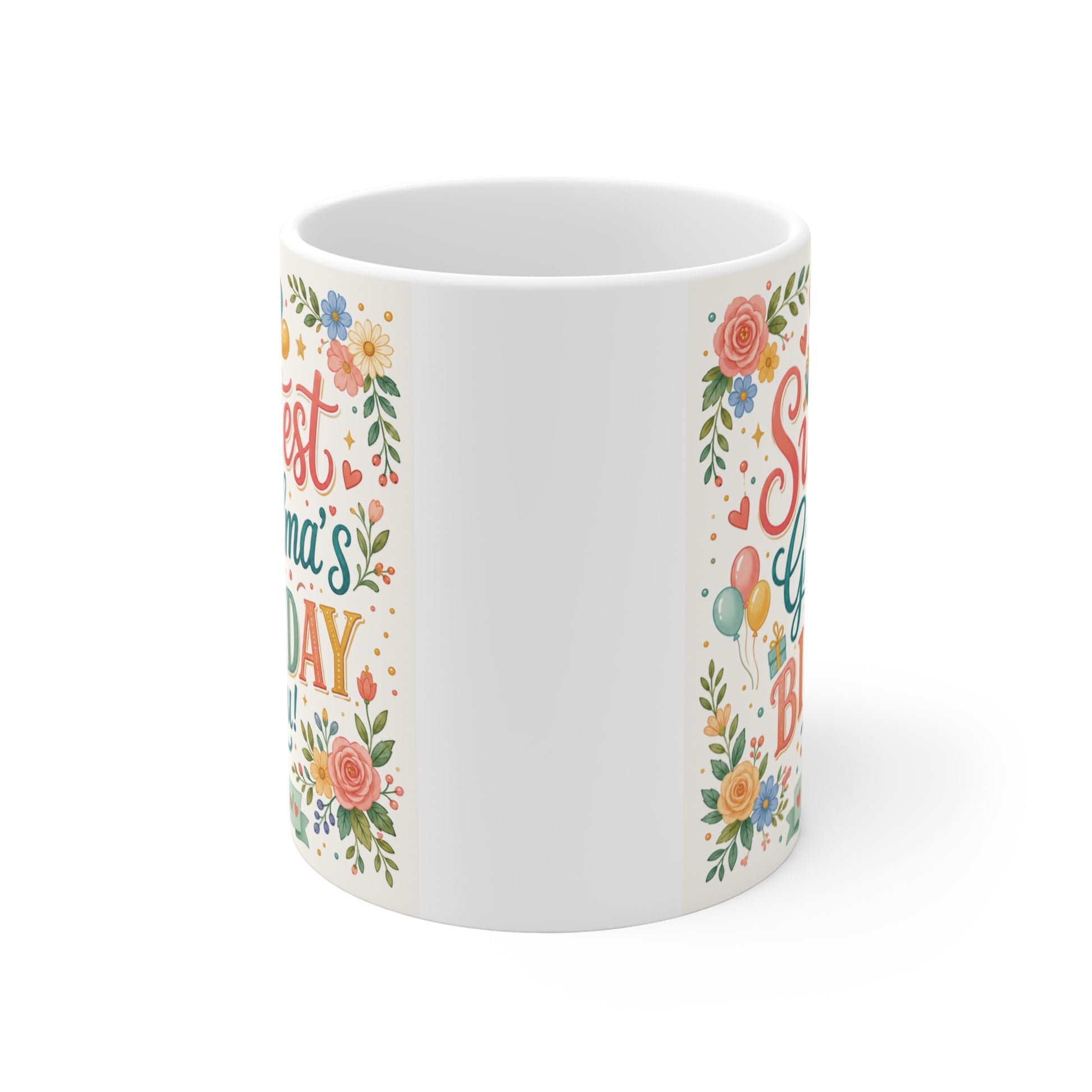 Cute grandma birthday coffee mug featuring pastel flowers, balloons, and birthday cake illustration on white ceramic cup