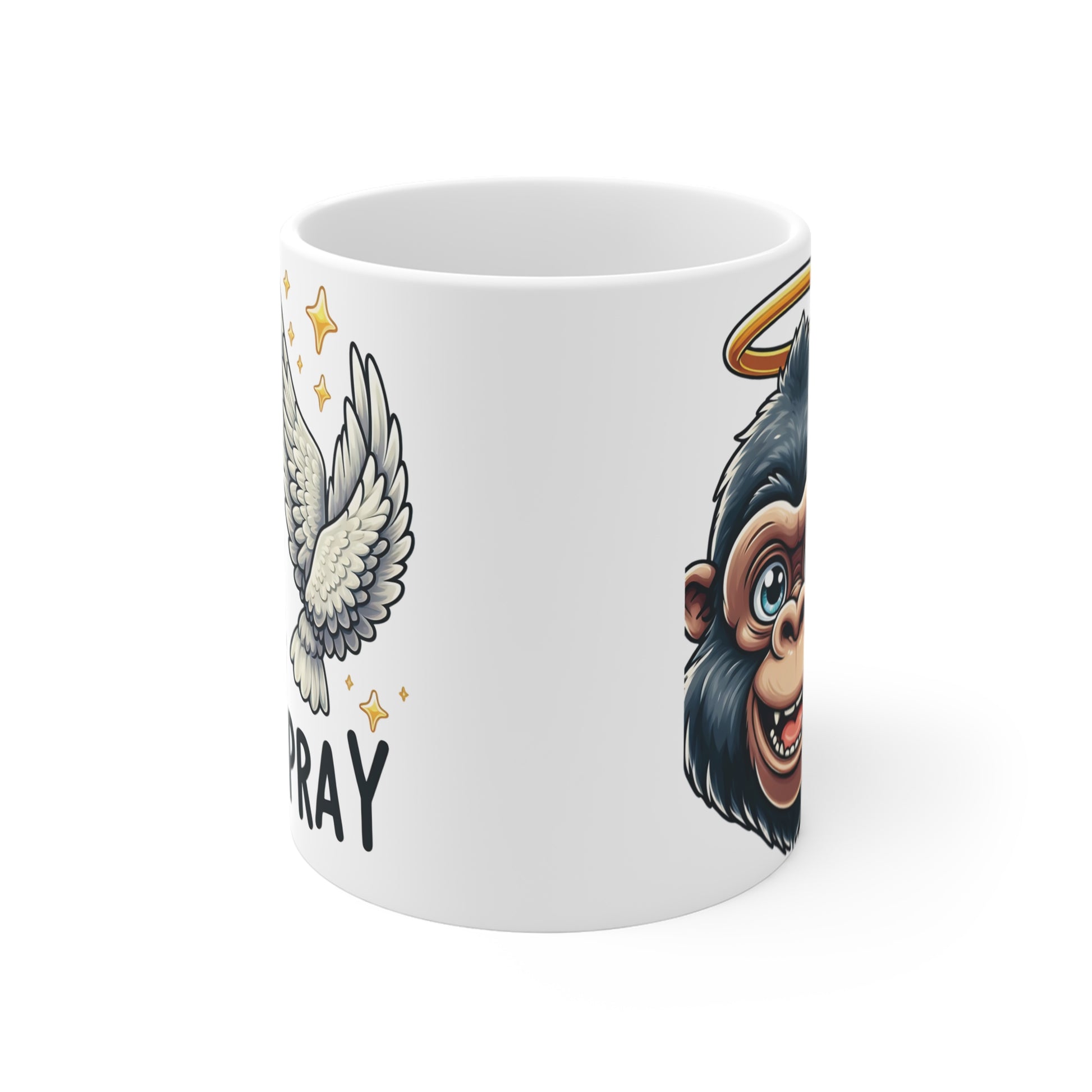 Funny Pray Gorilla Coffee Mug Featuring Smiling Gorilla, Angel Wings and Halo Design, 11oz Ceramic Mug