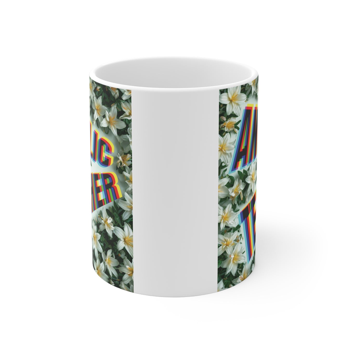Teacher appreciation coffee mug with vibrant rainbow lettering and elegant white flowers design
