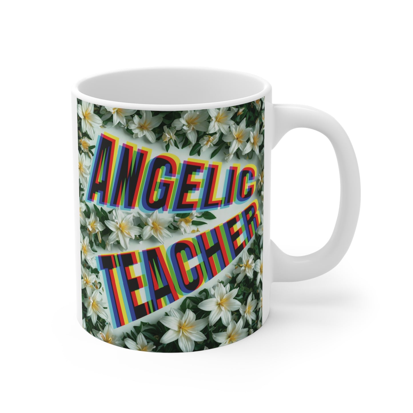 Colorful ‘Angelic Teacher’ typography mug with lily flower pattern, appreciation gift idea