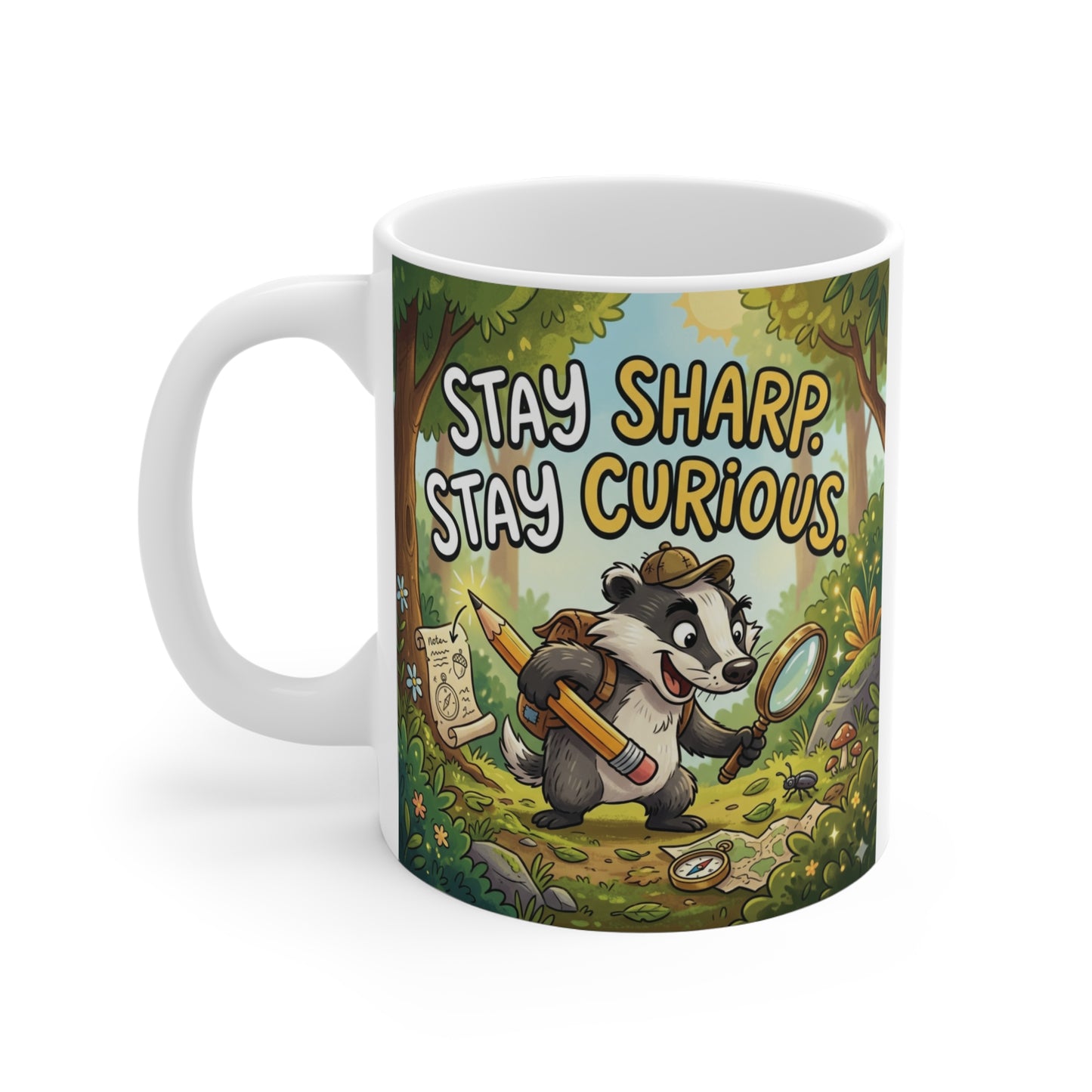 Inspirational animal coffee mug featuring curious raccoon and positive quote design