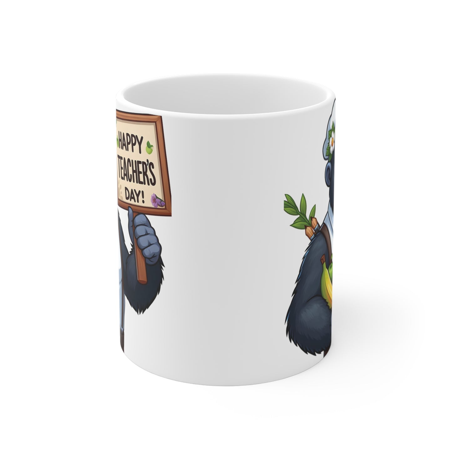 Funny teacher mug featuring a smiling gorilla with a red bow tie holding a Happy Teachers Day placard, ideal gift for educators.
