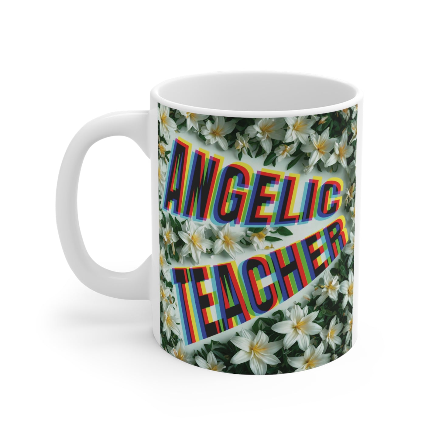 Angelic Teacher mug with rainbow bold text and white floral background, gift for teachers
