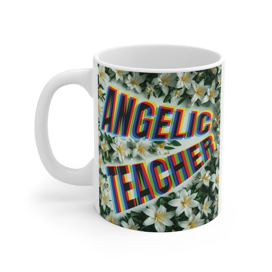 Angelic Teacher mug with rainbow bold text and white floral background, gift for teachers