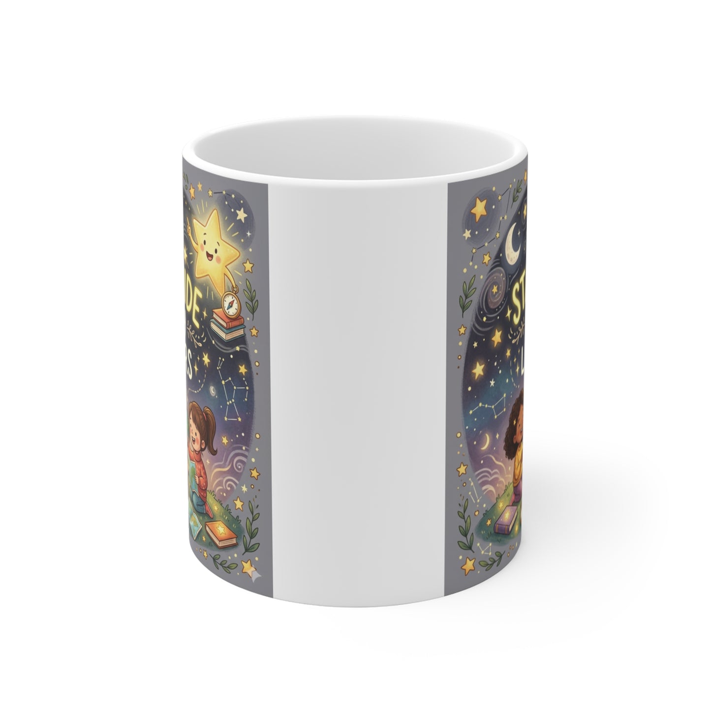 Inspirational teacher coffee mug with whimsical astronomy artwork, books, stars, and happy students learning together on a dark cosmic background.