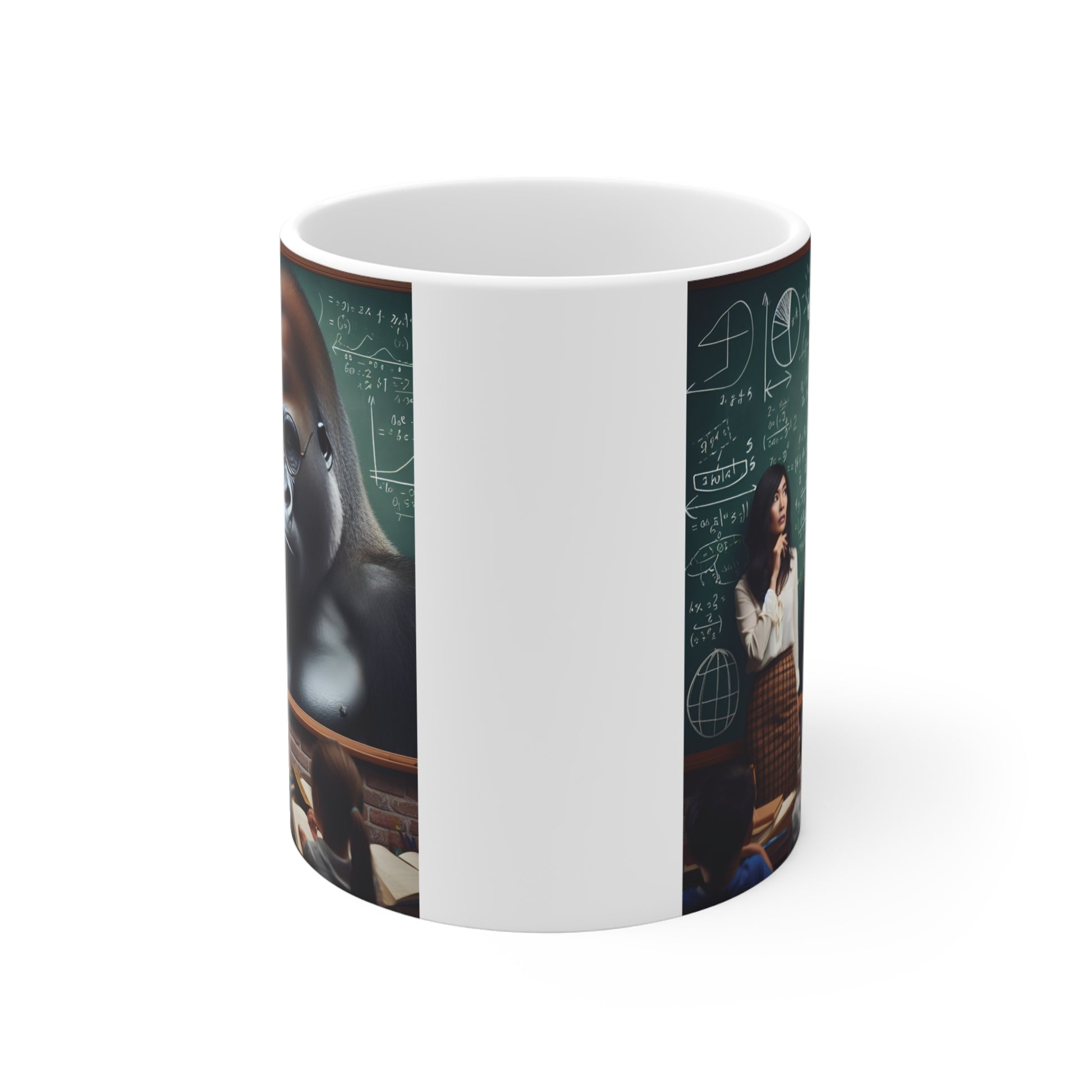 Wise gorilla with round glasses standing before a classroom chalkboard filled with formulas and diagrams on a ceramic coffee mug.