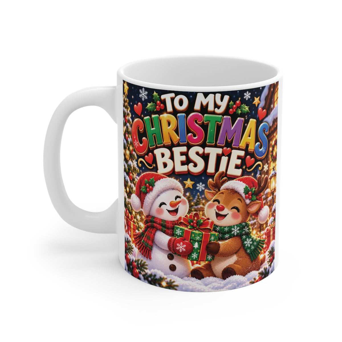 Festive Christmas bestie coffee mug showing a cheerful snowman and cute reindeer holding a wrapped Christmas gift, surrounded by colorful holiday decorations.