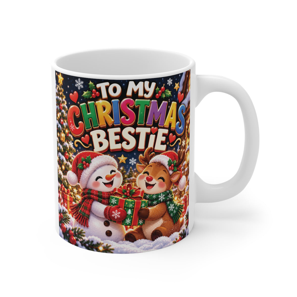 Cute 11oz Christmas coffee mug featuring a smiling snowman and reindeer exchanging a present with To My Christmas Bestie lettering, perfect for a BFF holiday gift.