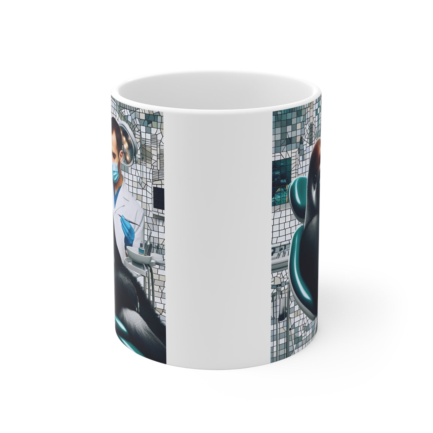 Realistic gorilla at dentist clinic printed on 11oz ceramic mug – humorous dentist gift mug for dental assistants and hygienists