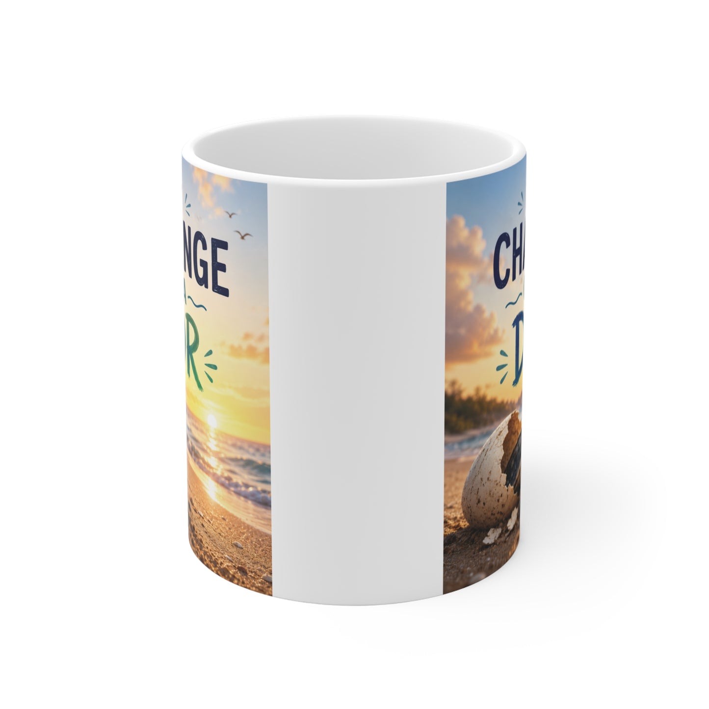 Inspirational ceramic mug showing a baby sea turtle walking toward the ocean beneath the quote Every Challenge Opens a Door.