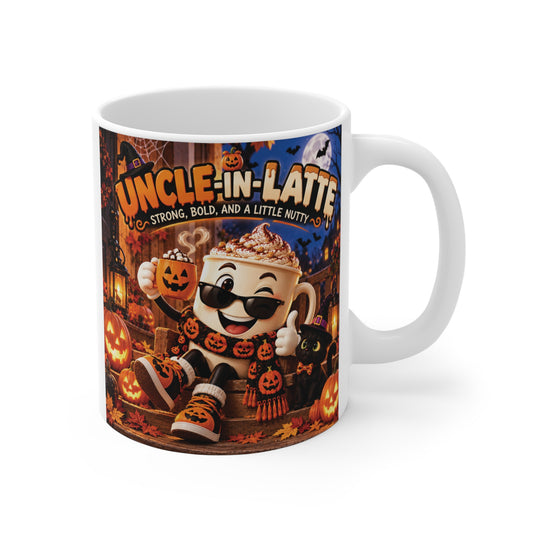 Uncle-in-Latte Halloween 11oz coffee mug with funny latte character, pumpkins and Strong Bold and a Little Nutty quote.