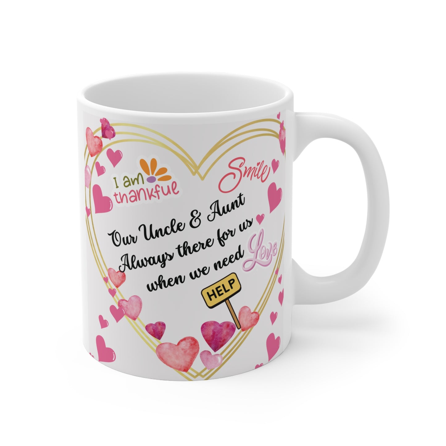 Cute heart design mug with ‘I am thankful’ message for uncle and aunt, appreciation gift with pink hearts and gold outline