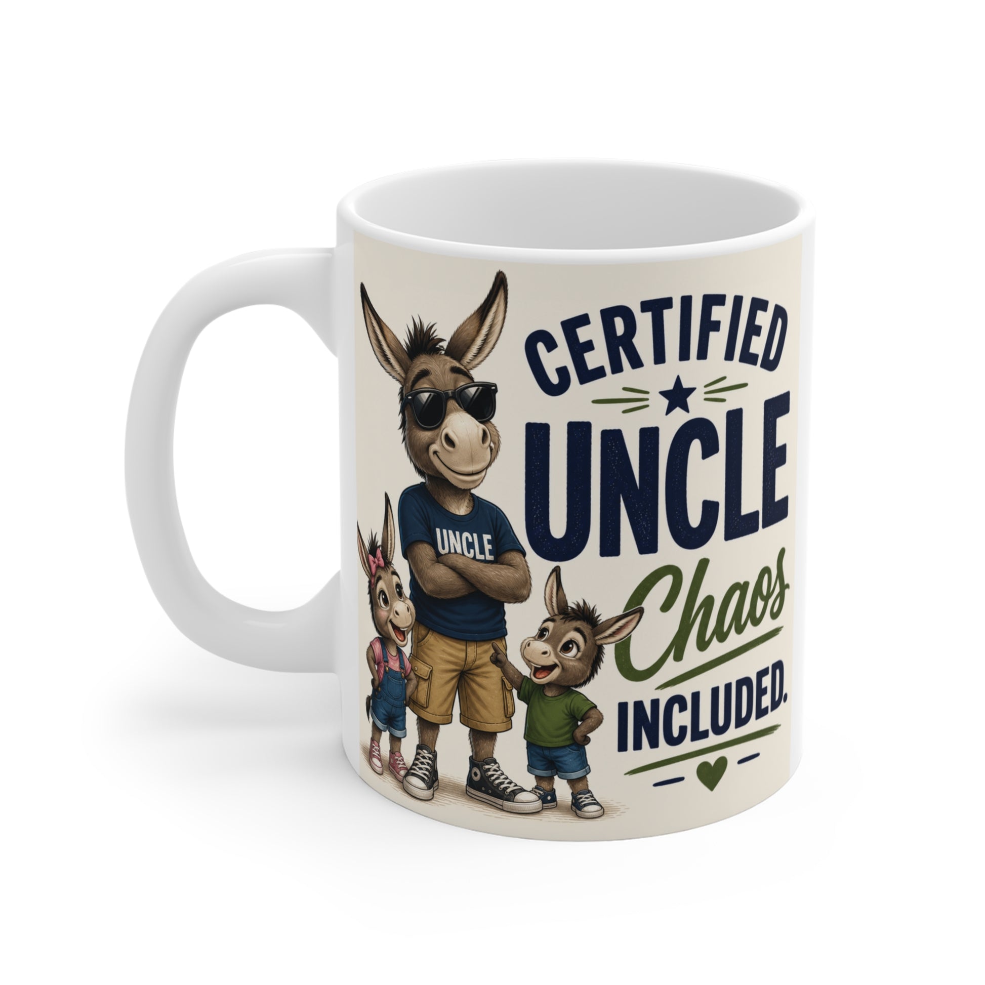 Cute novelty uncle mug with humorous quote and family-themed animal design, ideal gift for new uncle from niece or nephew