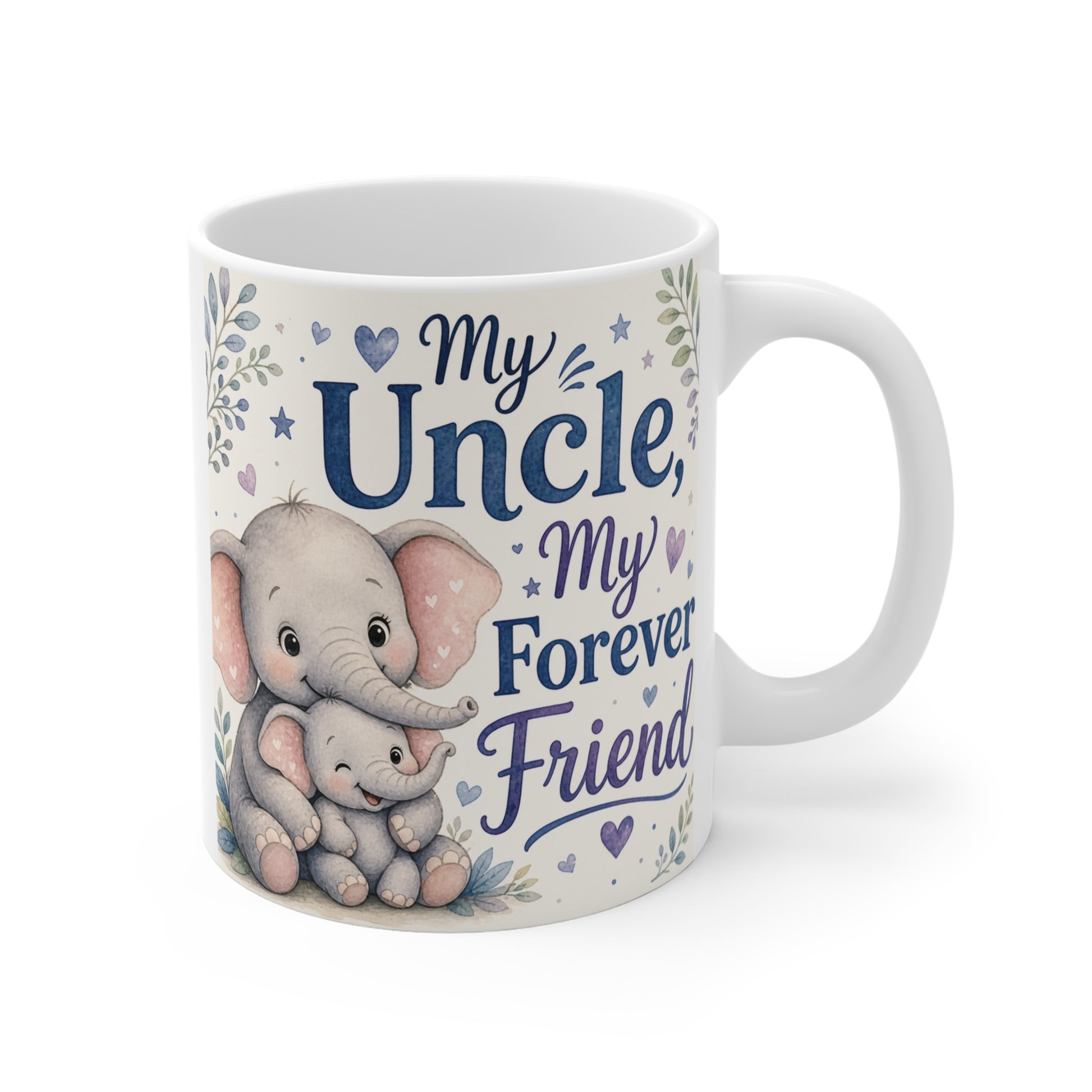 Cute elephant mug with “My Uncle My Forever Friend” text, 11oz ceramic coffee cup gift for uncle from niece or nephew