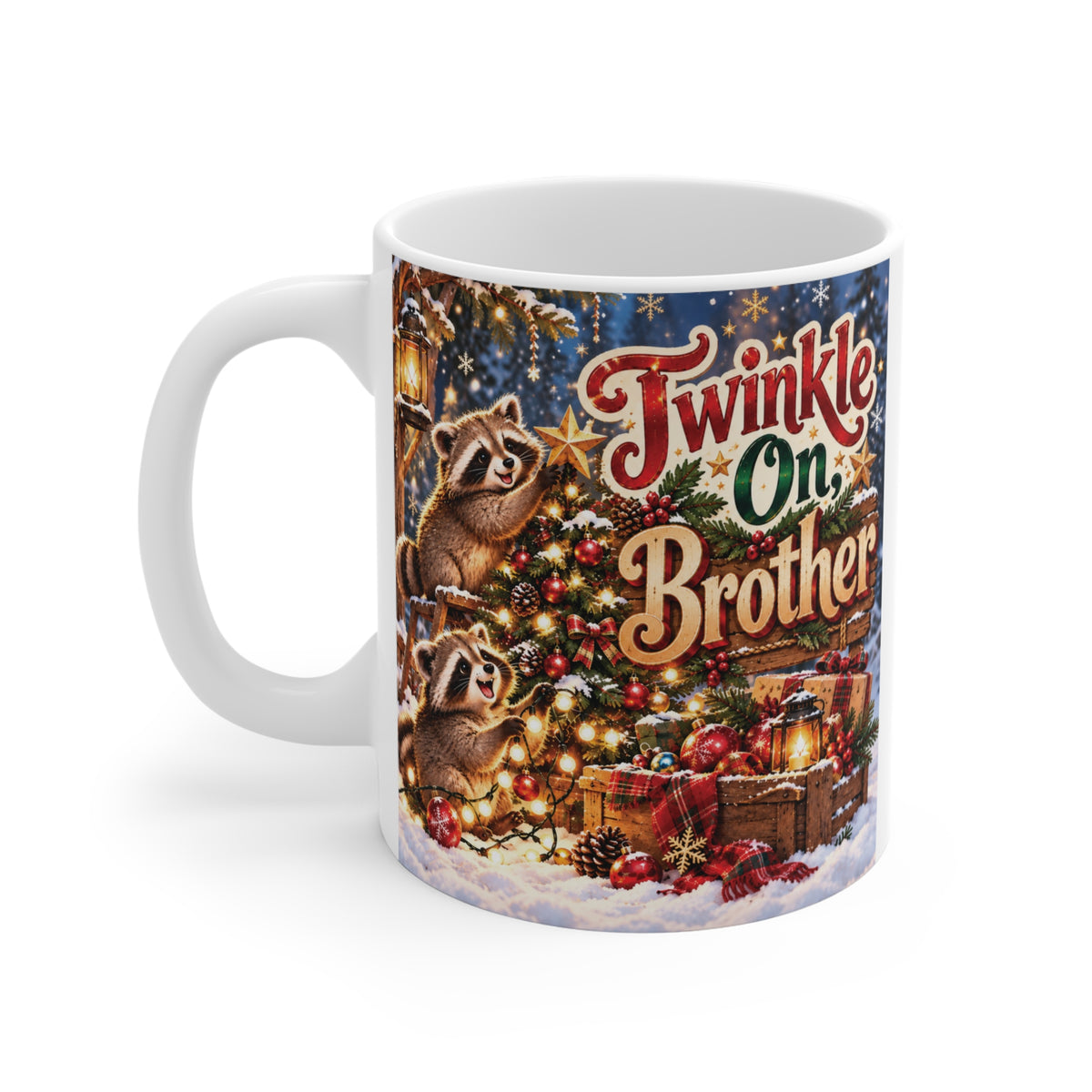 White 11oz Christmas coffee mug with Twinkle On Brother lettering, adorable woodland raccoons and a vintage-inspired festive holiday scene.
