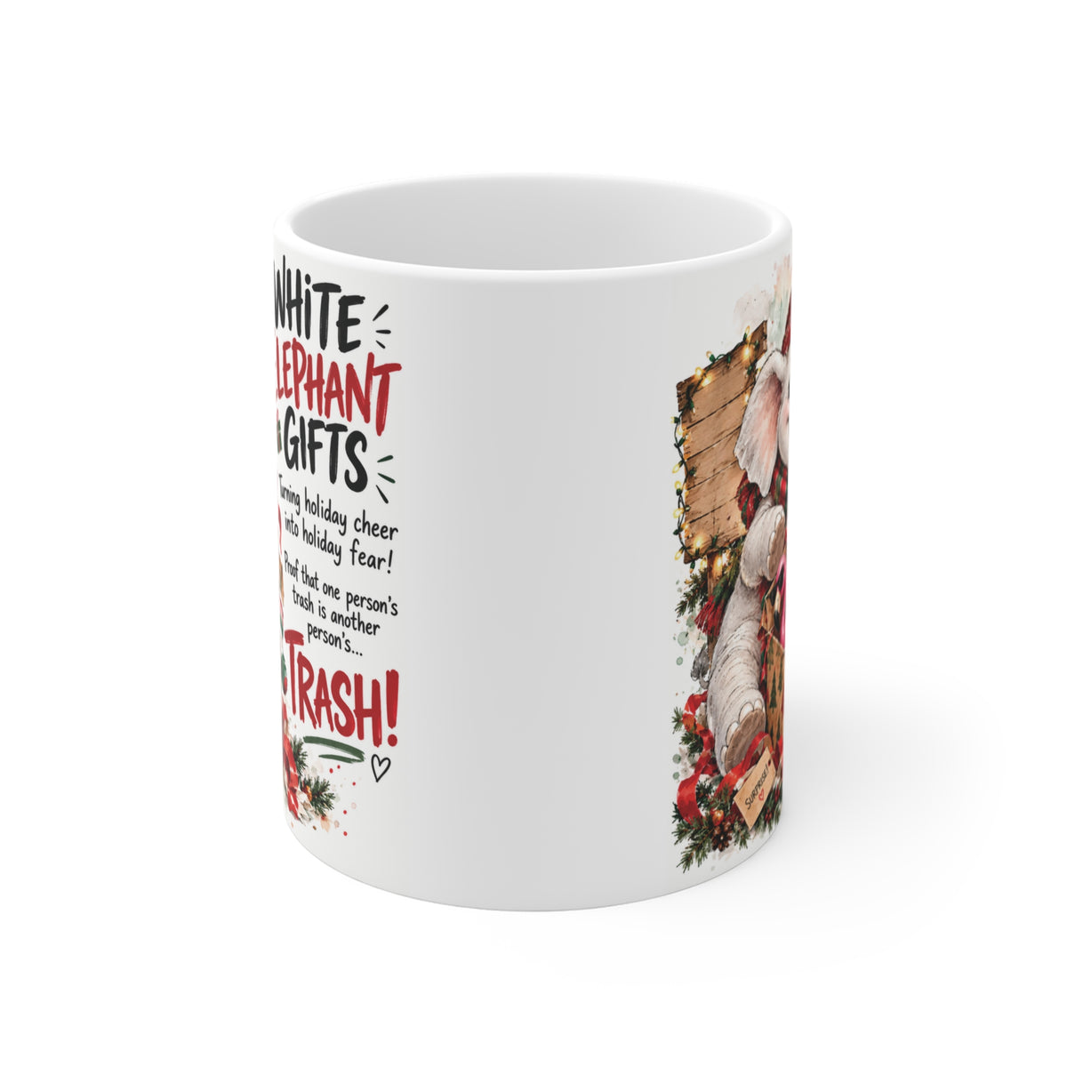 Unique White Elephant gift exchange mug with a whimsical Christmas elephant, funny presents and colorful holiday artwork.
