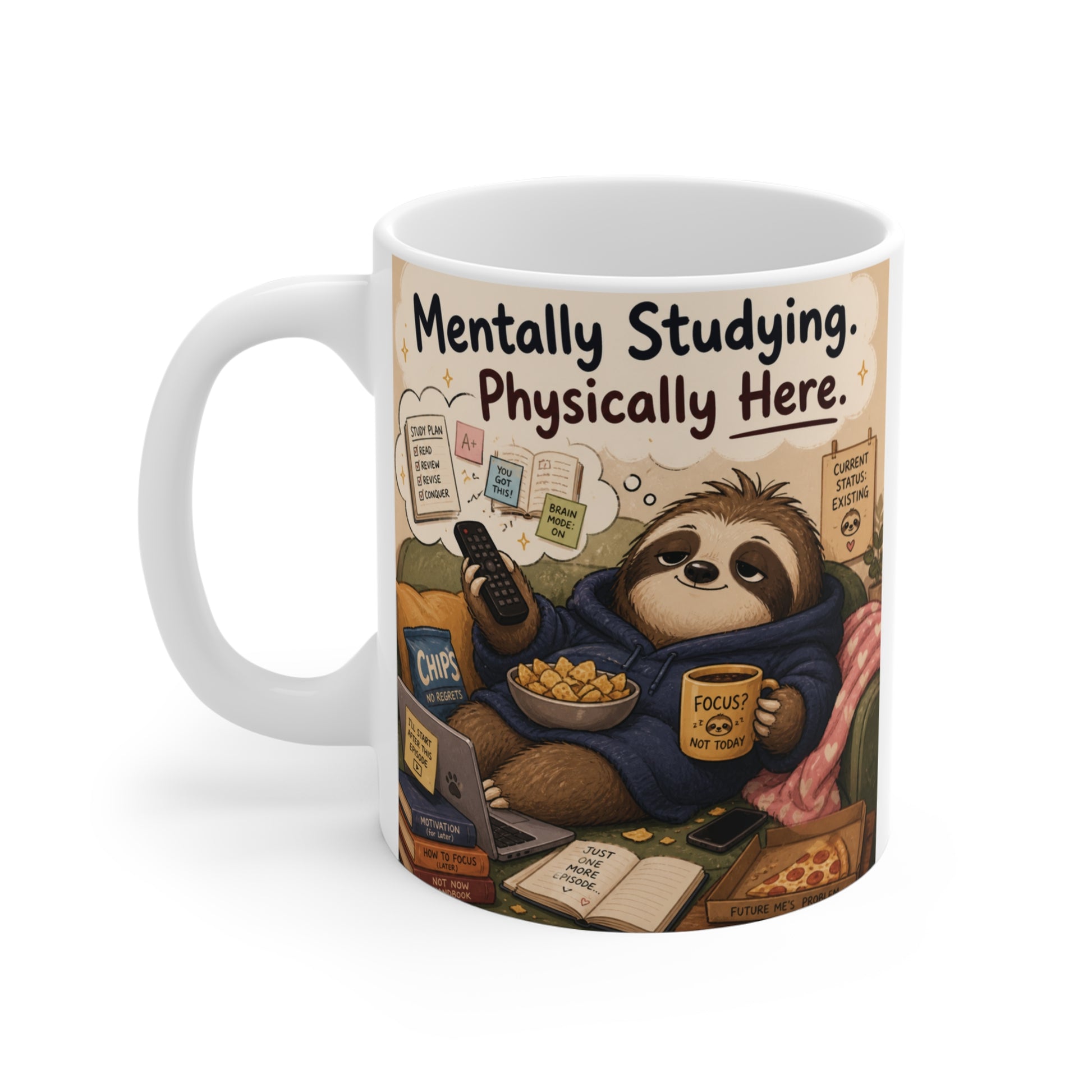 Relatable student life gift mug showing a sloth procrastinating with a laptop, pizza, and coffee—perfect for college finals.