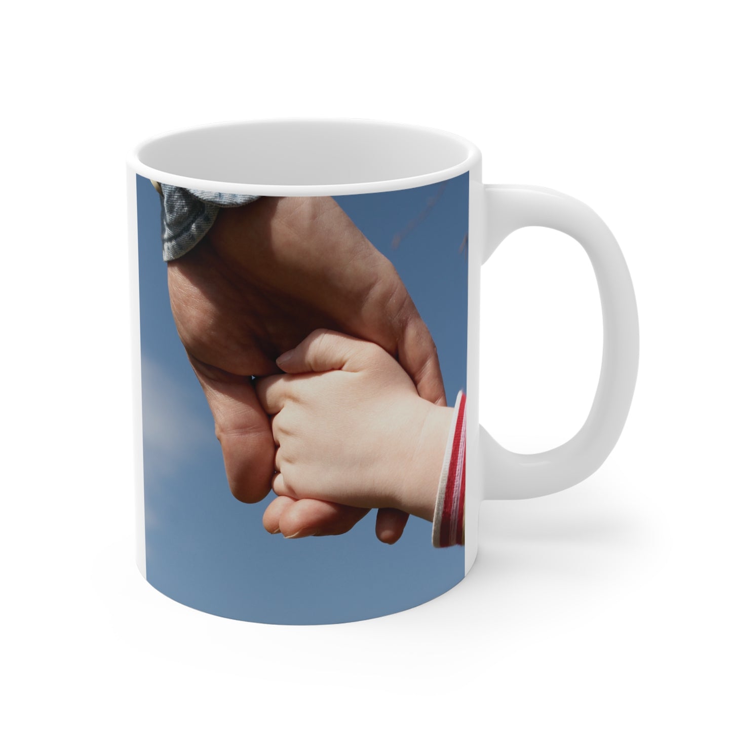 Cute dad gift mug with child drawing “I love dad” hearts and touching photo of father and kid holding hands