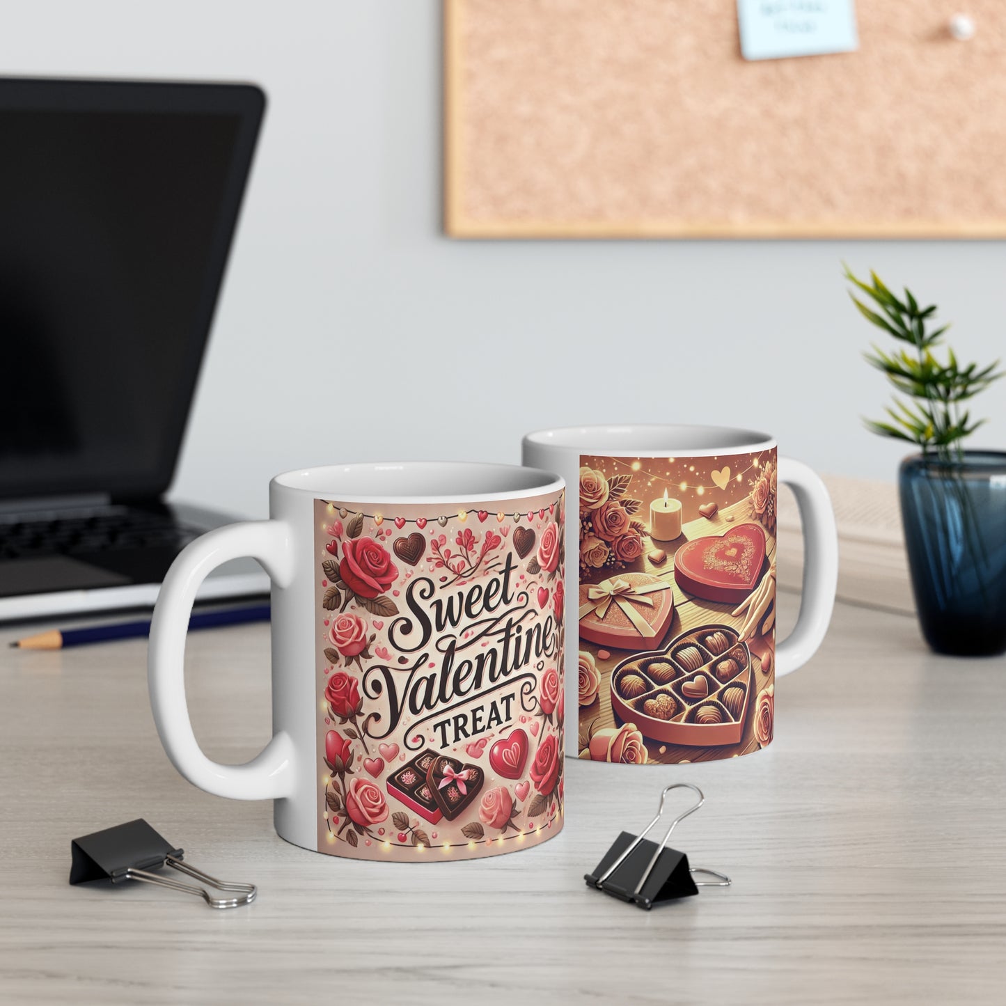 Valentine’s Day mug with chocolates, hearts, and floral artwork, cute romantic gift for her or him