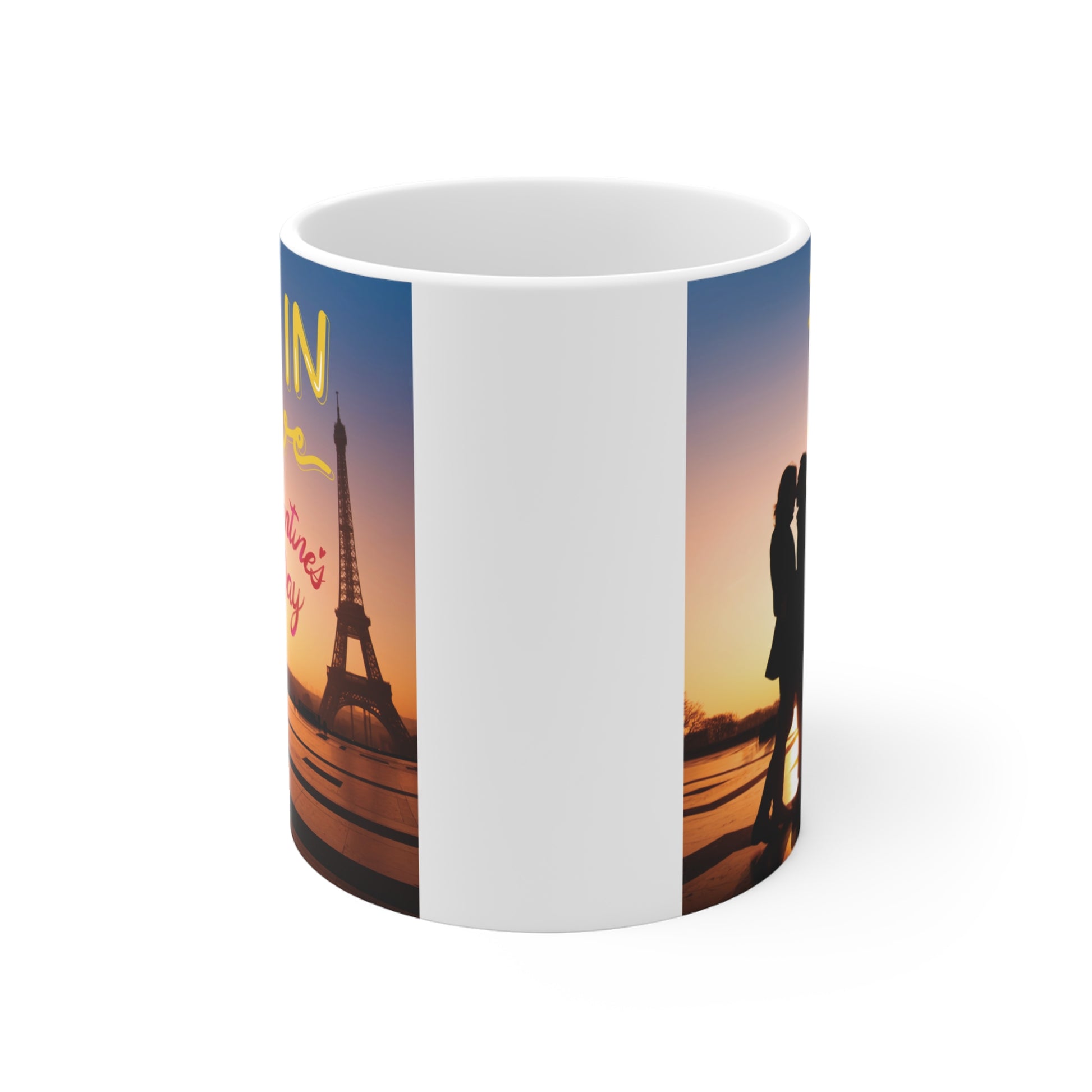 Valentine's Day mug with "Fall in Love" text and Eiffel Tower silhouette illustration during a sunset in Paris.