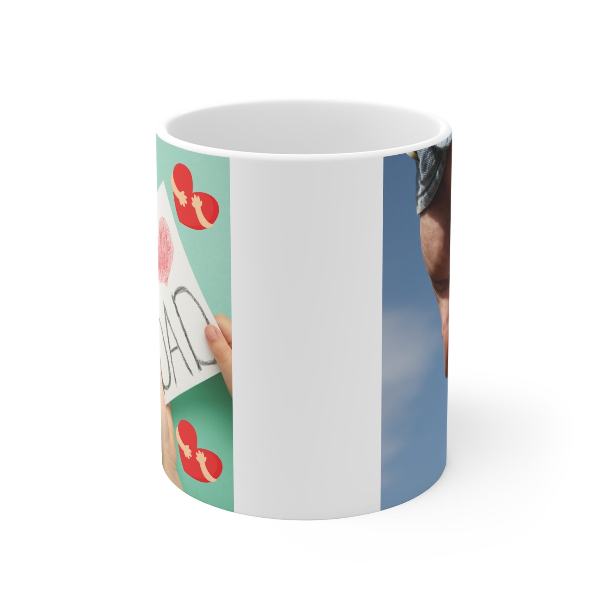Personalized Father’s Day mug design with kids artwork, hearts, and emotional father child hand holding image