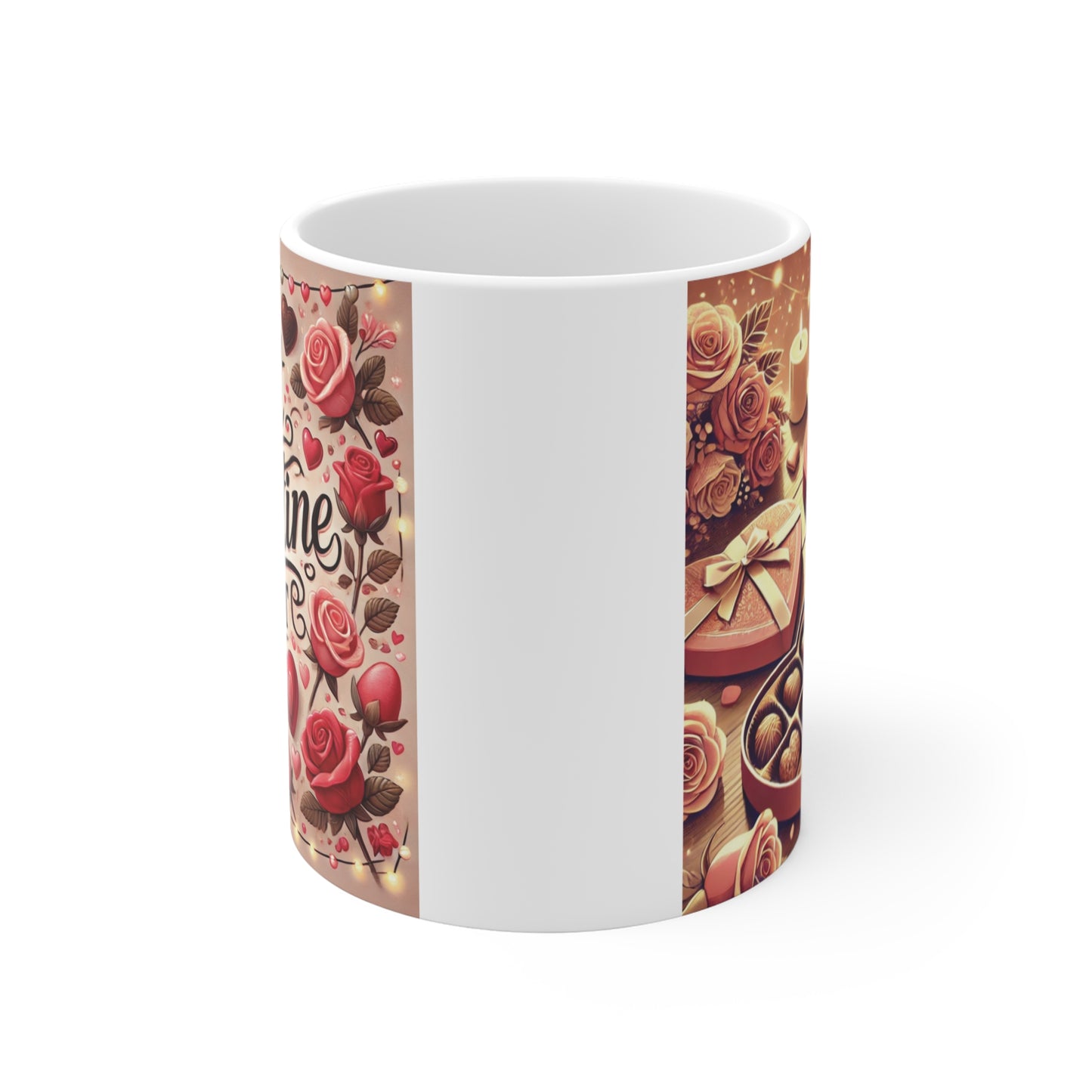 Love-themed coffee mug with “Sweet Valentine Treat” quote, decorated with roses and heart illustrations