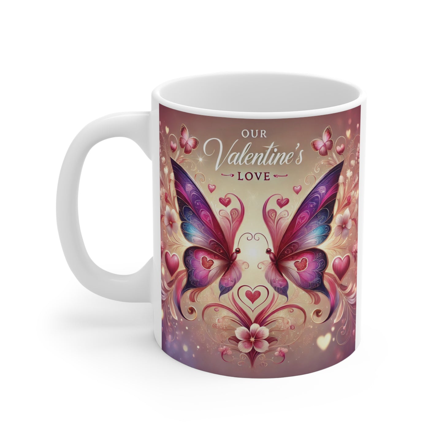 Our Valentine’s Love mug with colorful butterflies, hearts, and floral design, romantic gift idea