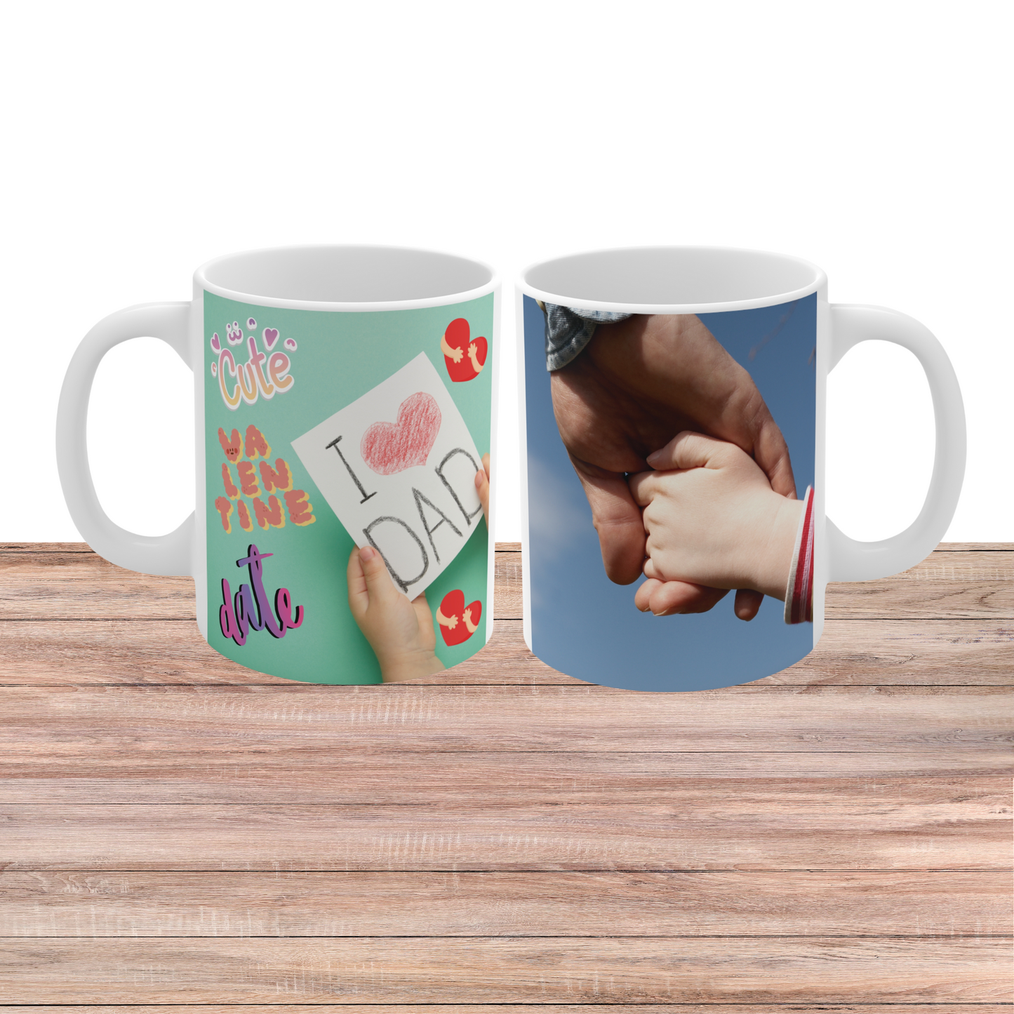 Father and child holding hands mug design with cute “I love dad” drawing and colorful playful typography