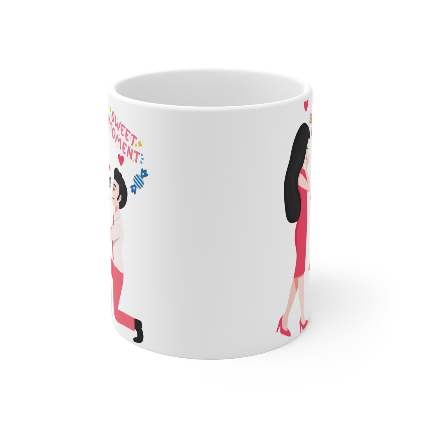 Love theme mug with couple proposal illustration and heartfelt quote, Valentine’s gift coffee cup