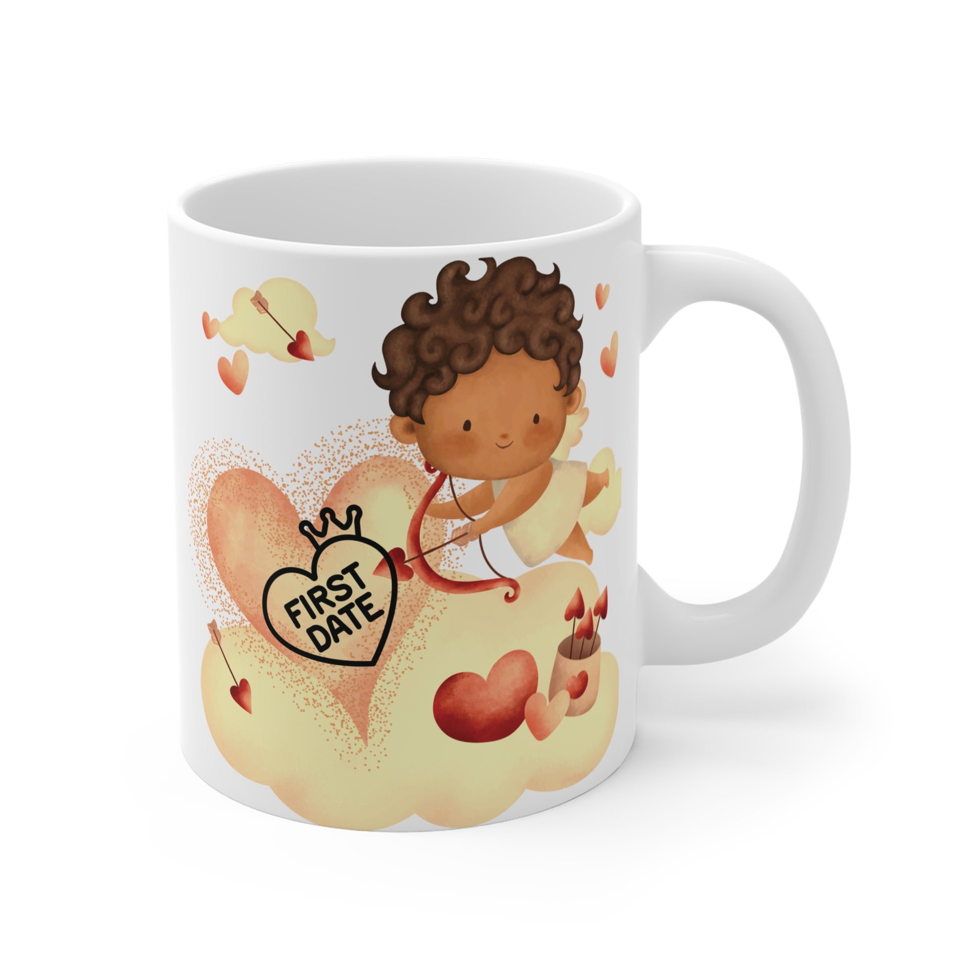 Valentine’s Day coffee mug featuring adorable cupid shooting arrow, hearts, and ‘First Date’ romantic theme”