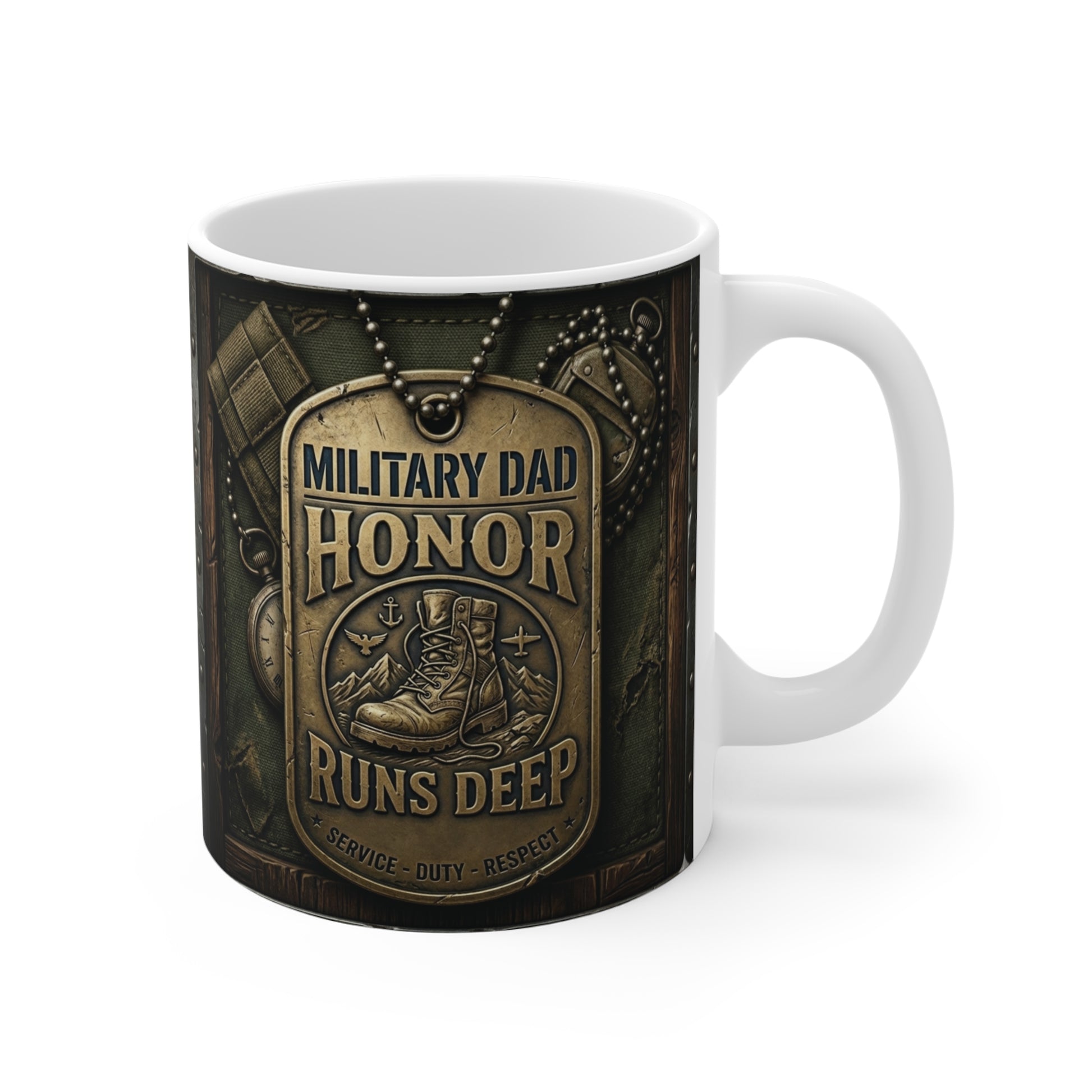 Military Dad Mug 11oz with “Honor Runs Deep” design, patriotic coffee mug gift for veteran dad and Army father