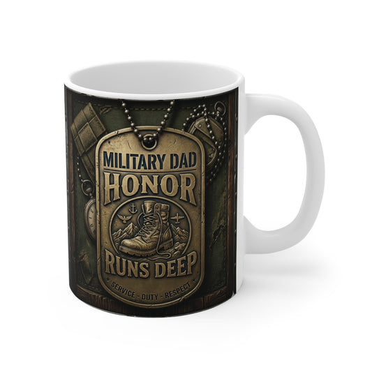 Military Dad Mug 11oz with “Honor Runs Deep” design, patriotic coffee mug gift for veteran dad and Army father