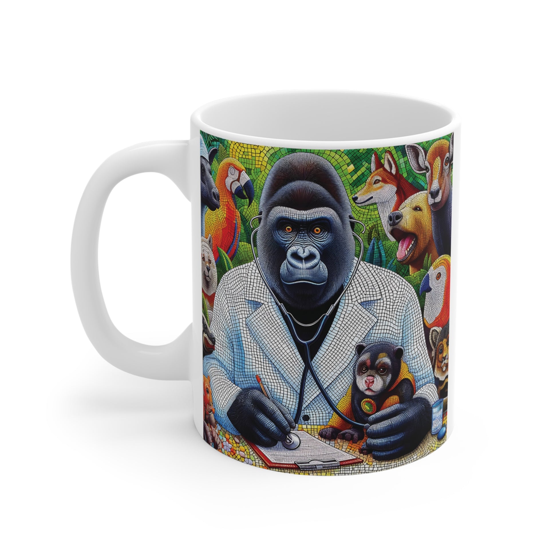 Vibrant animal art mug featuring gorilla veterinarian illustration with jungle animals in detailed mosaic style