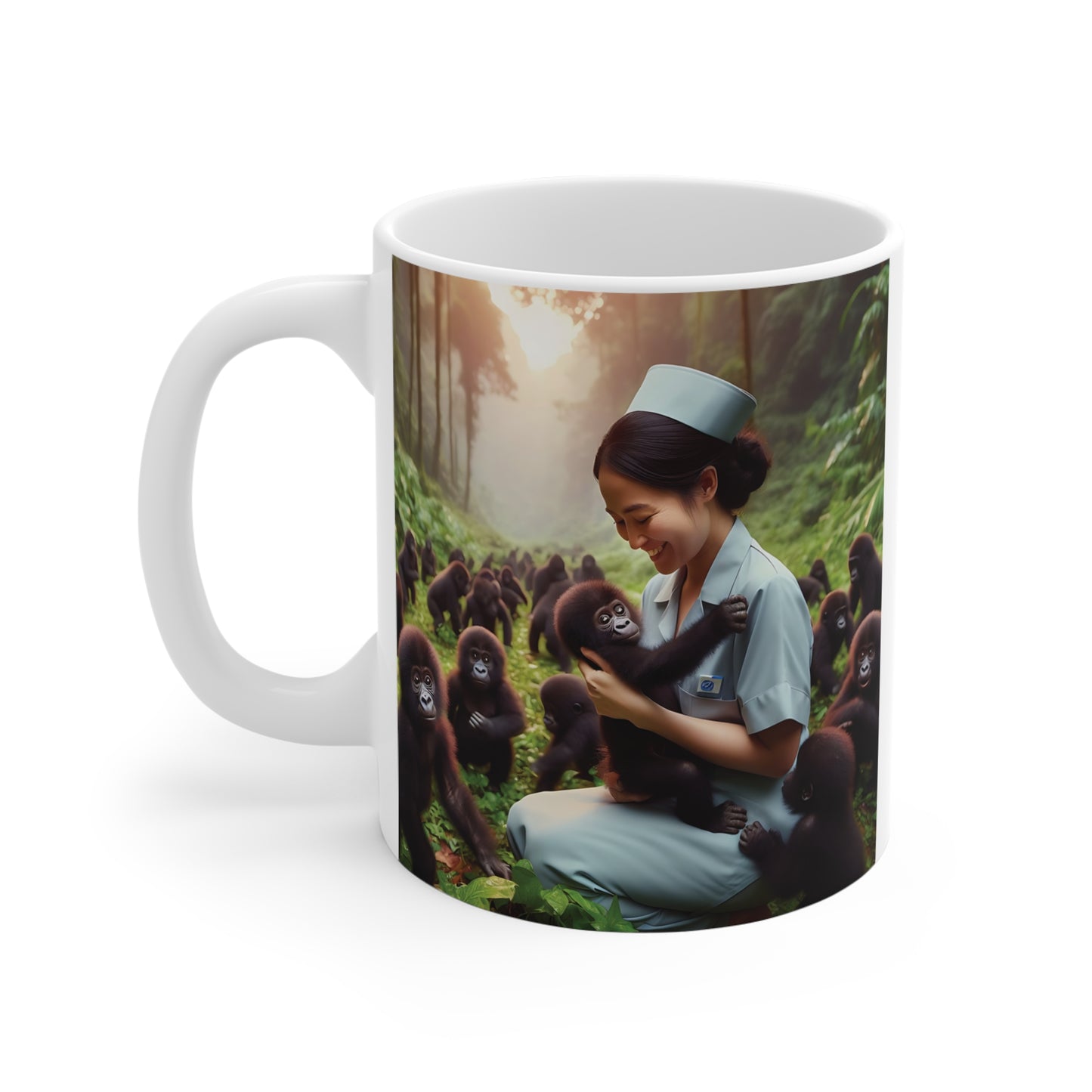 Cute wildlife coffee mug showing nurse caring for baby gorilla with group of gorillas in forest background illustration